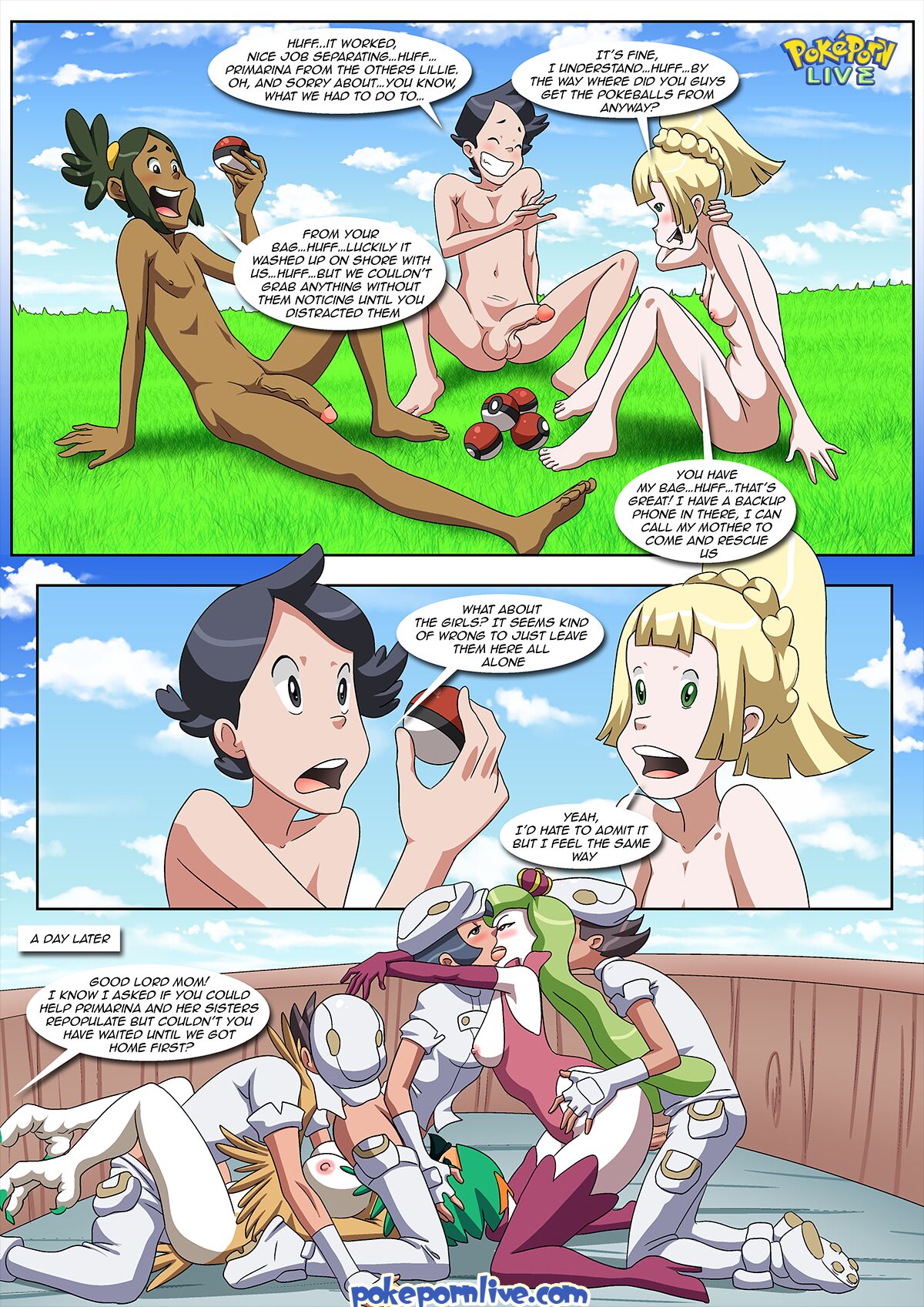 aether_foundation_employee aether_foundation_employee_(female) aether_foundation_employee_(male) anthro bbmbbf comic decidueye dialogue elio_(pokemon) female female_decidueye fivesome hau_(pokemon) high_heel_boots high_heels isle_of_amazonian lillie_(pokemon) nintendo nude nude_female nude_male palcomix pokeballs pokemon pokemon_sm pokephilia pokepornlive sex speech_bubble tsareena