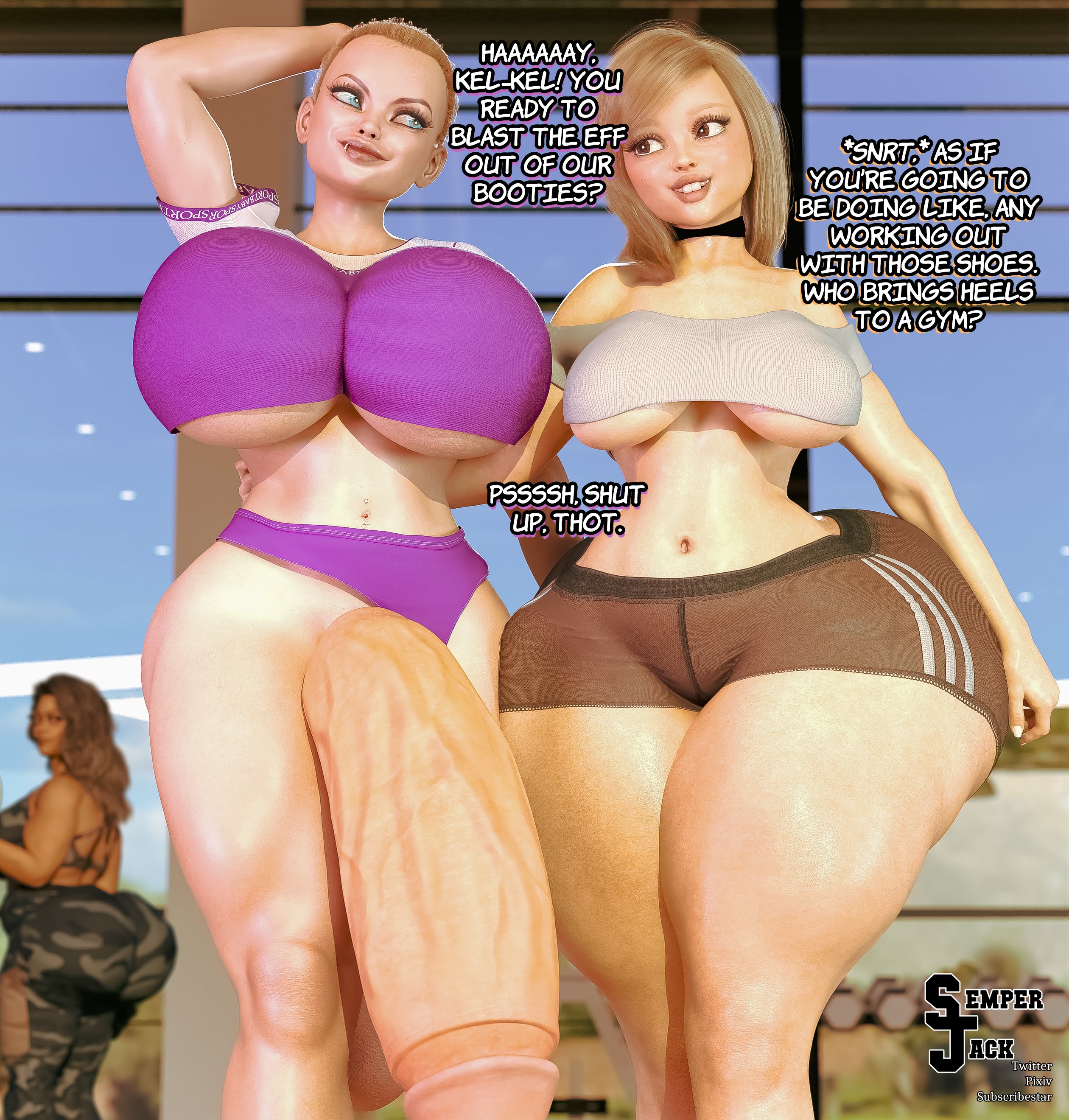 1futa, 1girls, 3d, ass, big ass, big breasts, big penis, blonde hair, breasts, carmen and kelsie, fanart, female, futanari, gym, huge ass, huge cock, hyper penis, intersex, kelsie daniels, large ass, large breasts, large penis, penis, pepper layland, semper jack, thick thighs, thin waist, wide hips