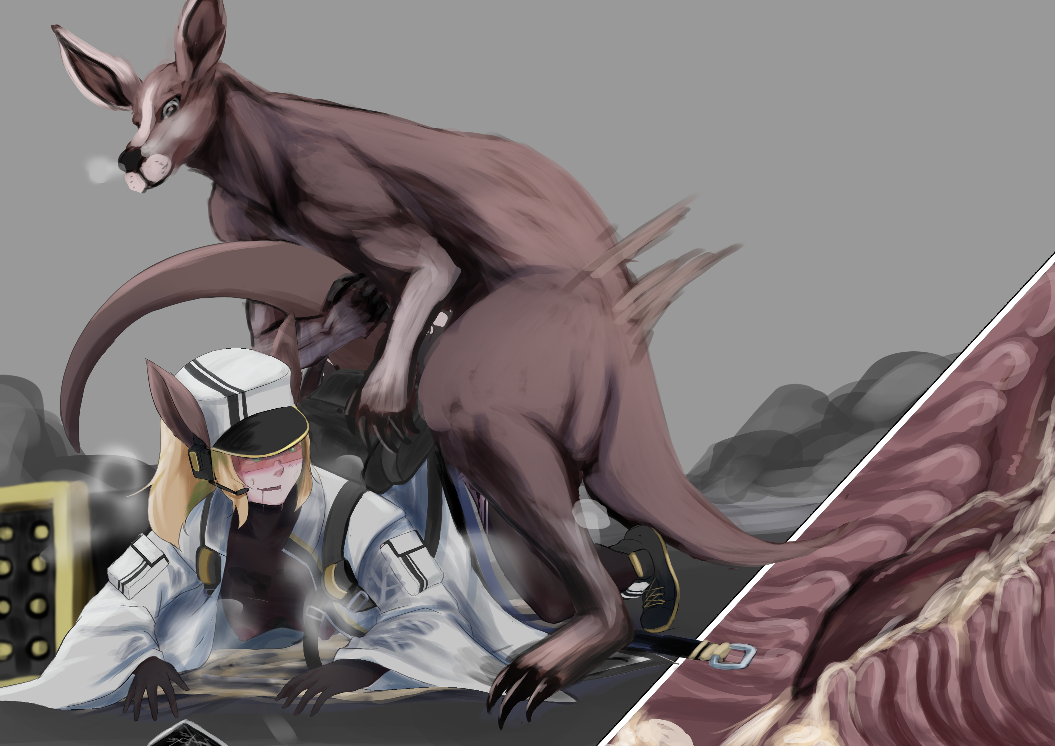 1boy, 1girls, animal ears, arknights, backpack, bestiality, blonde hair, boots, clothed sex, coat, commission, cum, cum inside, doggy style, drool, fbkp, female, feral on female, goggles, green eyes, hat, headphones, holding tail, kangaroo, male, original character, peeing, peeing during sex, peeing self, ponytail, shuttle (bioprototype3729), urination, urine, x-ray, zoophilia
