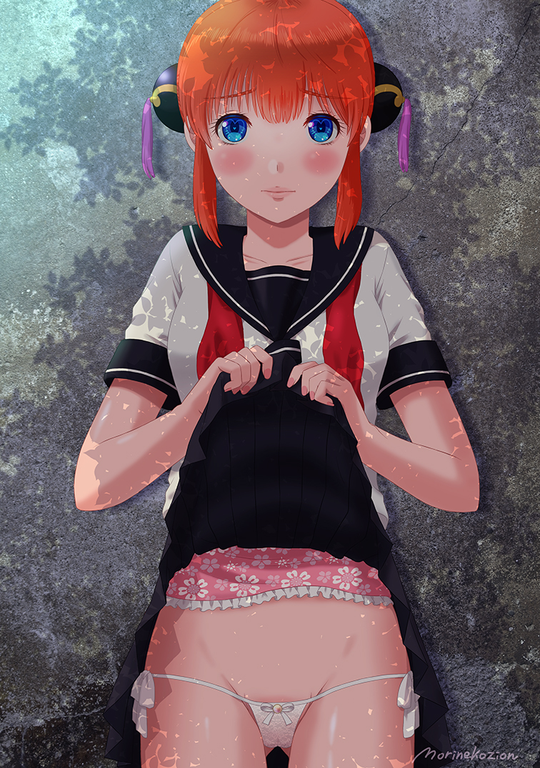 blue_eyes blush bun_cover class_3-z double_bun female female_only gintama hair_ornament heart-shaped_pupils kagura_(gintama) lace lace_panties looking_at_viewer morinekozion official_alternate_costume orange_hair panties presenting school_uniform schoolgirl serafuku shy side-tie_panties sidelocks skirt_lift solo white_panties