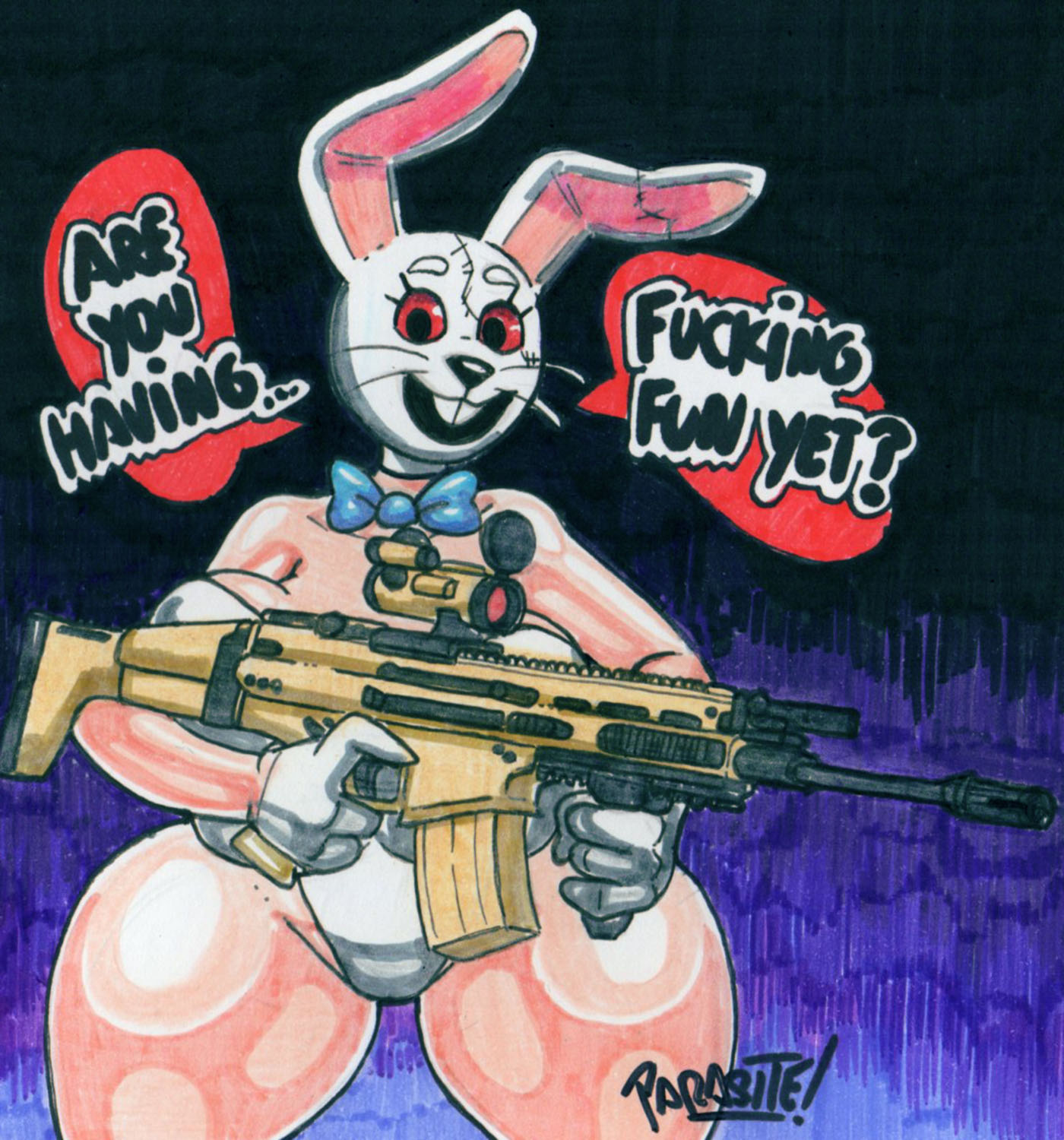 bare_shoulders bare_thighs big_breasts bowtie breasts bunny_suit drawn female five_nights_at_freddy's five_nights_at_freddy's:_security_breach gun laser_sight parasitedeath rifle scar-l solo tagme thick_thighs vanny