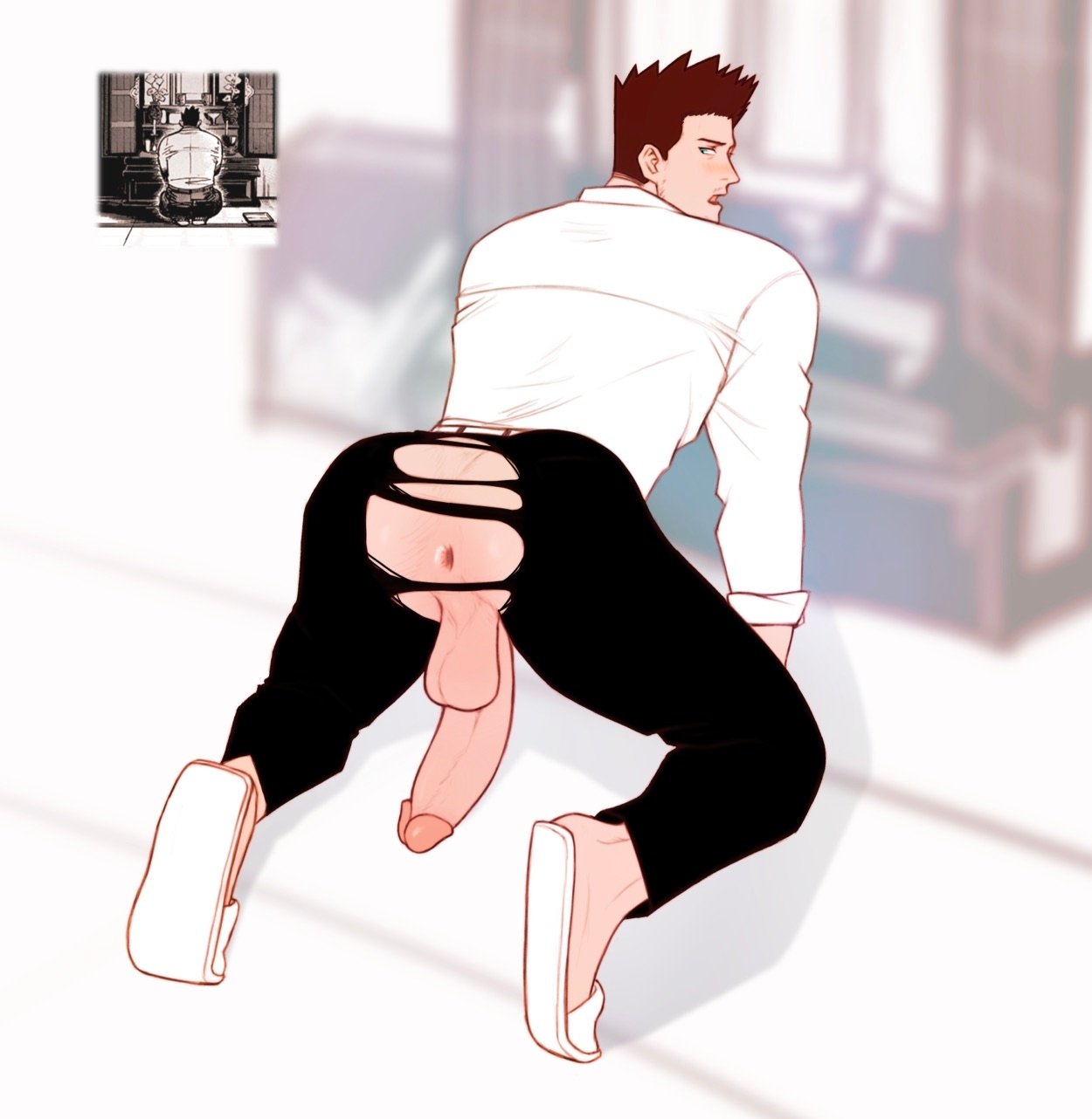 anus, ass, ass focus, backsack, balls, ballsack, bara, big balls, big penis, blush, boner, dilf, endeavor (my hero academia), enji todoroki, erection, facial hair, gay, looking back, male, male only, muscles, muscular, my hero academia, naughtydads, on hands and knees, on knees, penis, red hair, ripped clothing, scar, scar across eye, solo, solo male, spread legs, yaoi