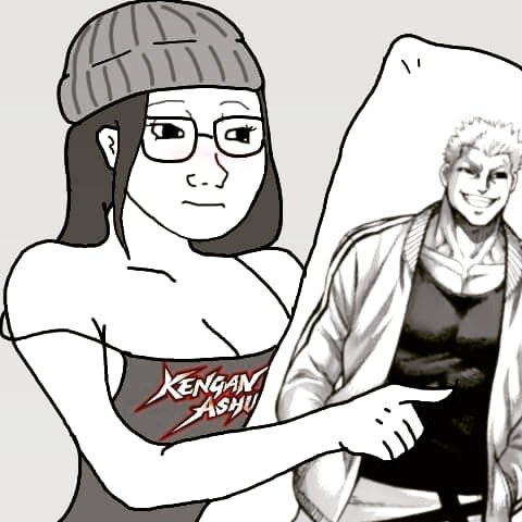 1boy 1girls big_breasts fangirl female female_focus glasses husband kengan_(series) kengan_ashura kengan_omega kure_raian nerdy_female otaku platonic solo_female wojak wojak_comics