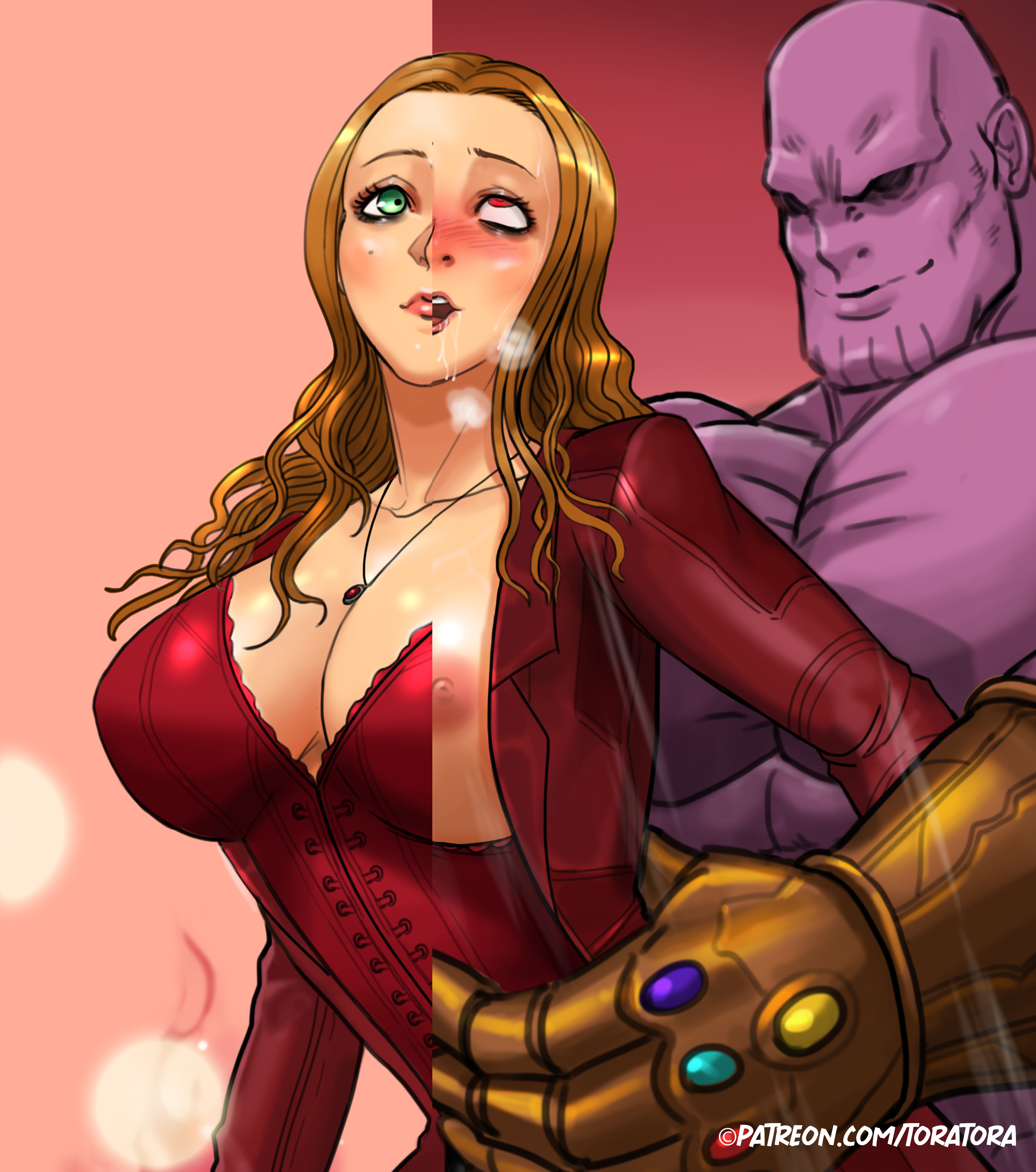 1boy, 1girls, ahe gao, avengers, avengers: infinity war, bald, bald male, big breasts, blush, breasts, cleavage, conjugal slavery, female, femsub, human, human on humanoid, humanoid, infinity gauntlet, interspecies, juxtaposition, light skin, light-skinned female, male, maledom, marvel, marvel cinematic universe, marvel comics, mutant (marvel), nipples, purple skin, purple-skinned male, scarlet witch, sex, straight, thanos, tora tora, villain on hero, wanda maximoff