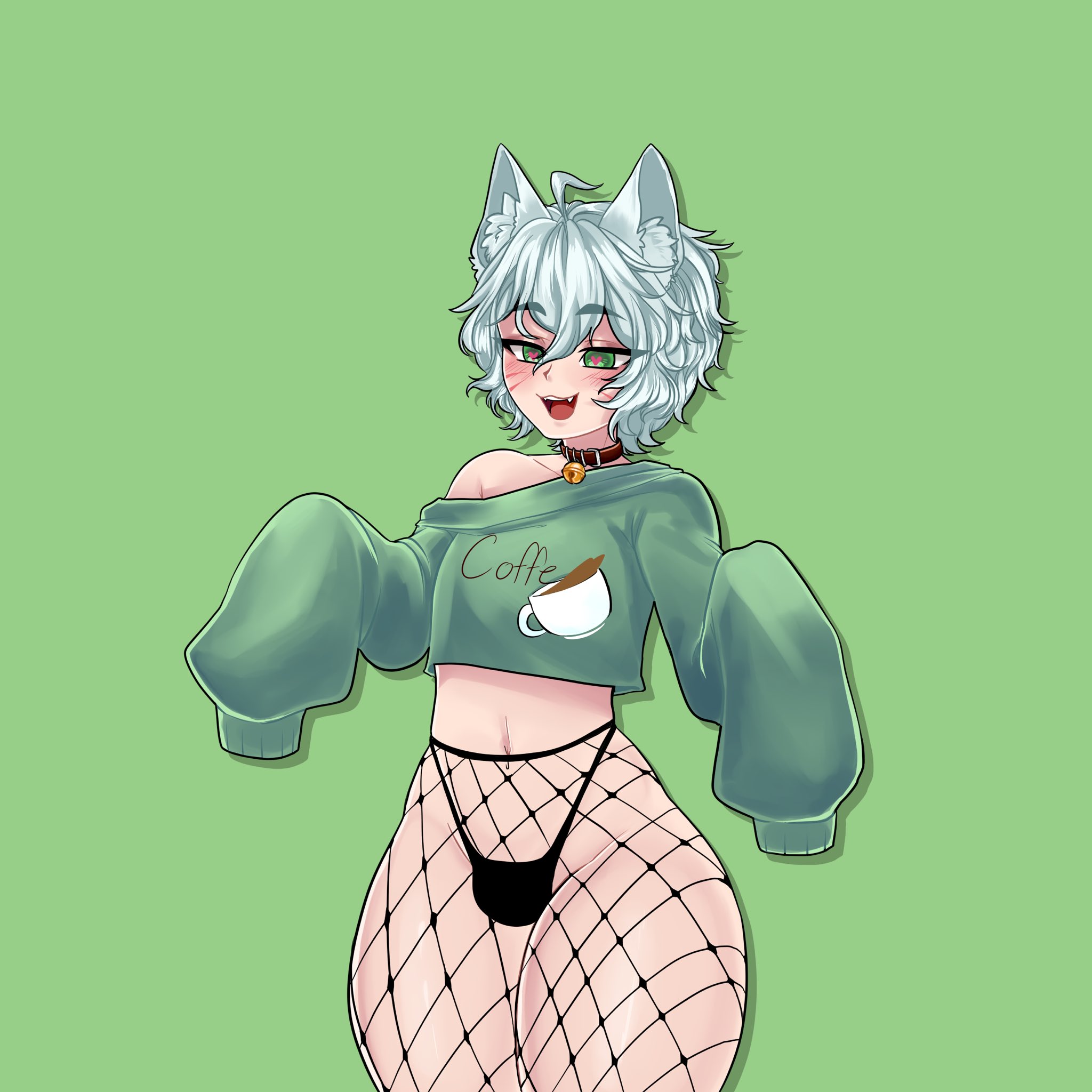 2d, bulge, bulge through clothing, cat ears, cat tail, clothed, coffee, collar, female, femboy, fishnets, green eyes, heart-shaped pupils, kazuki n chatter, light skin, light-skinned female, male, pale skin, pale-skinned female, short hair, simple background, white hair