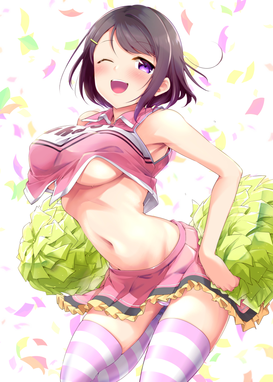 arched_back bangs bare_shoulders blush breasts brown_hair cheerleader confetti covered_erect_nipples cowboy_shot crop_top crop_top_overhang frilled_skirt frills groin hair_ornament hairclip highres large_breasts leaning_forward looking_at_viewer medium_hair midriff miniskirt navel no_bra one_eye_closed open_mouth original panties pantyshot pleated_skirt pom_pom_(cheerleading) purple_eyes shirt skirt sleeveless sleeveless_shirt smile standing standing_on_one_leg striped striped_legwear striped_panties striped_thighhighs swept_bangs thighhighs tohosanhun underboob underwear wing_collar zettai_ryouiki