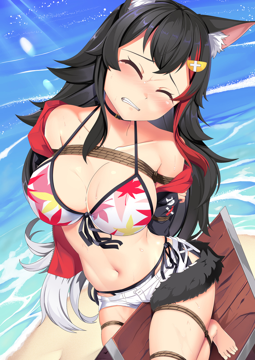 animal_ears barefoot beach bikini bikini_under_clothes black_choker black_hair bondage bound breasts choker closed_eyes hair_ornament hairclip highres hololive hololive_gamers hololive_japan jacket multicolored_hair ookami_mio open_clothes open_jacket outdoors red_hair sweat swimsuit tail two-tone_hair virtual_youtuber white_hair wolf_ears wolf_girl wolf_tail wooden_horse yasume_yukito yellow_eyes