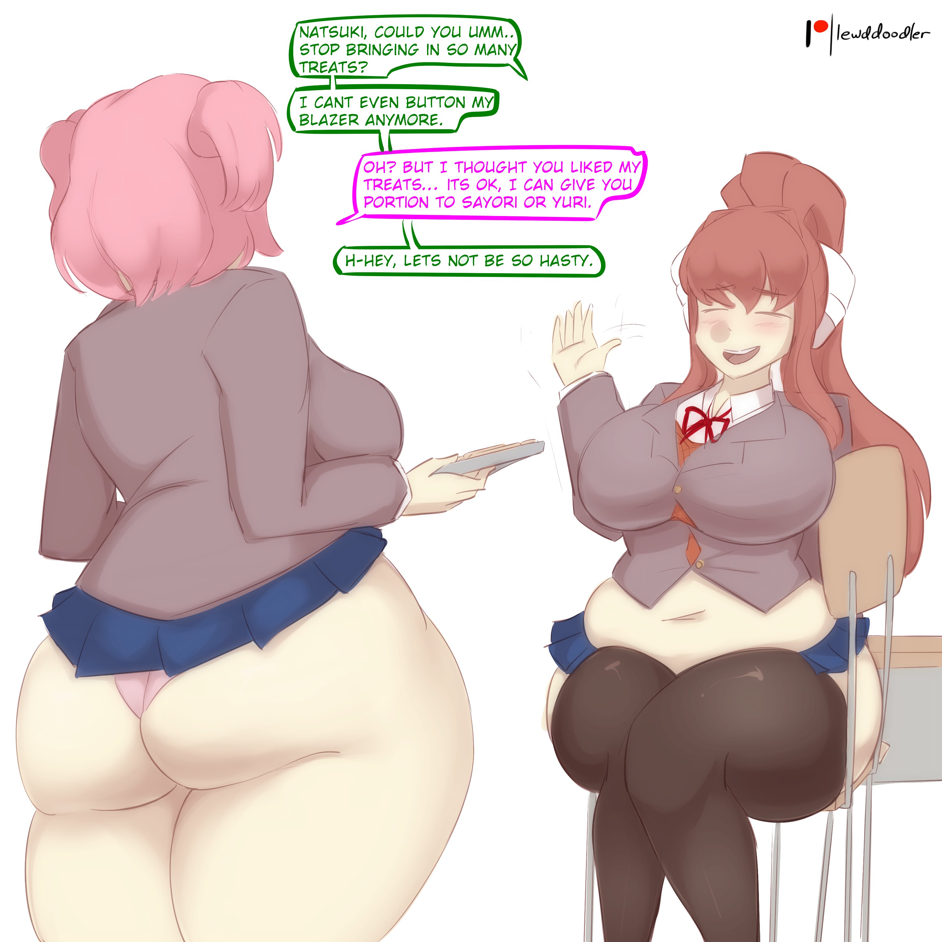 2girls, ass, bbw, big ass, blue skirt, brown hair, chair, chubby, closed eyes, doki doki literature club, duo, fat, fat ass, female, female only, green text, lewddoodler, monika (doki doki literature club), multiple females, multiple girls, natsuki (doki doki literature club), overweight, overweight female, panties, pink eyes, pink hair, pink panties, pink text, school uniform, skirt, text, text bubble, uniform, white background