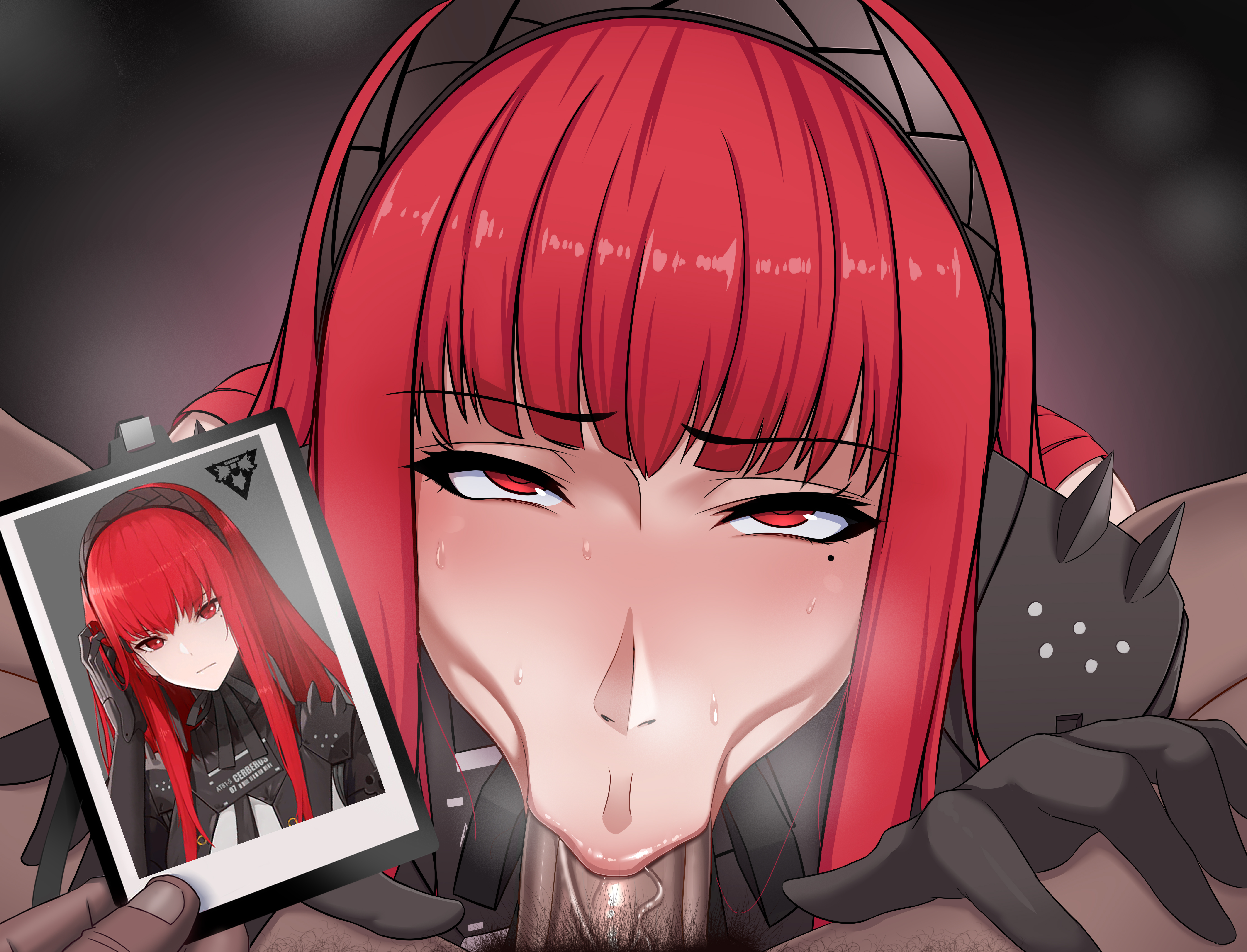 :>=, 1boy, 1girls, blowjob, blush, dark skin, dark-skinned male, deepthroat, diadem, eye contact, fellatio, female, fringe, fully clothed, hands on thighs, interspecies, juxtaposition, light skin, light-skinned female, long hair, looking at viewer, male, mole under eye, oral, pale skin, pale-skinned female, photo, photo (object), photo comparison, pov, pov eye contact, punishing: gray raven, red eyes, red hair, rikka, robot girl, robot humanoid, saliva, straight, sweat, tight throat, vera (punishing: gray raven)