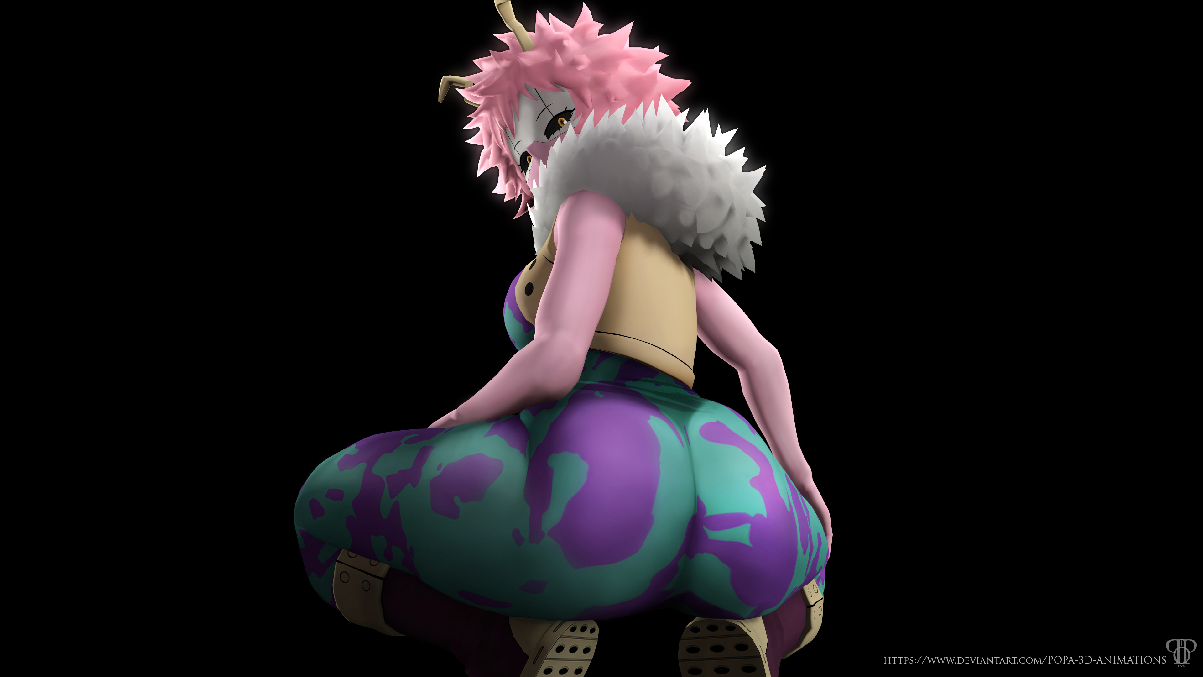 1girls, 3d, amanda sparkle, ass, black background, black sclera, female, hero outfit (mha), leggings, looking at viewer, looking back, mina ashido, my hero academia, pink hair, pink skin, popa 3d animations, sfm, source filmmaker, thick, yellow eyes