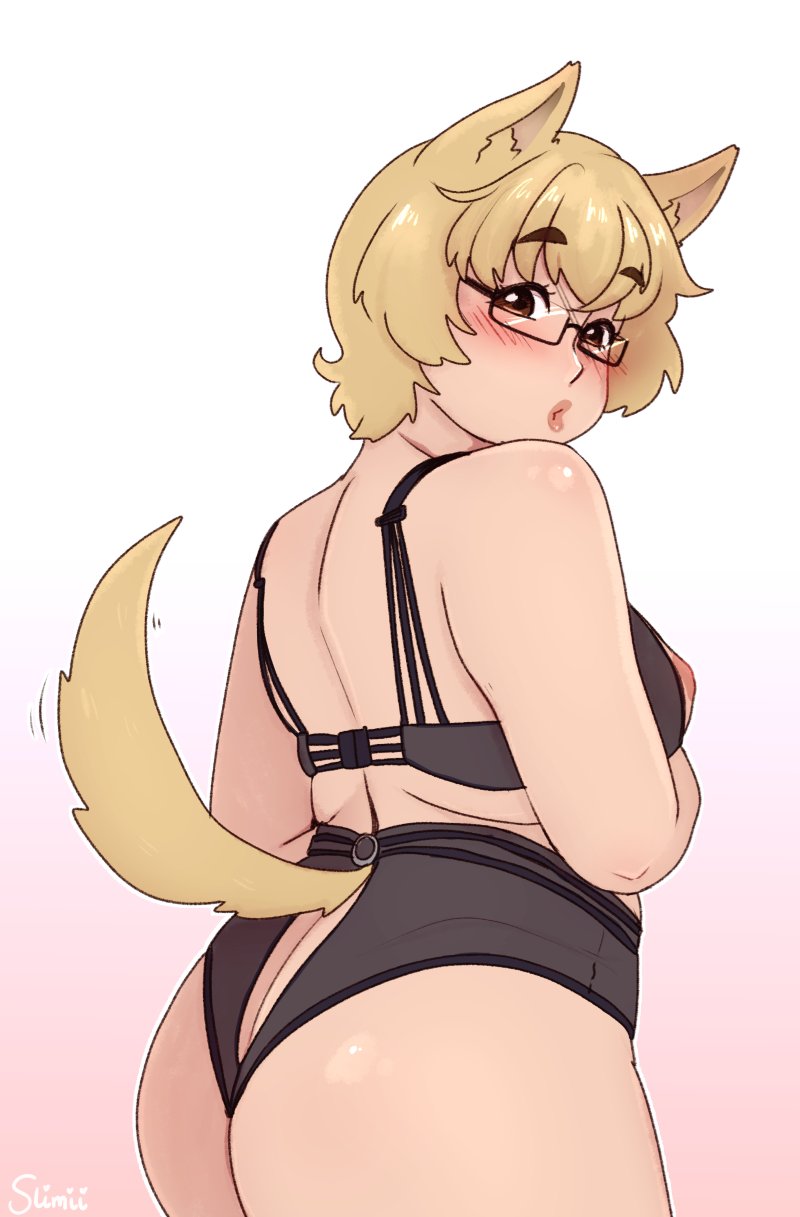 1girls ass big_ass blonde_hair blush brown_eyes chubby dog_ears dog_girl dog_tail female female_only glasses lingerie looking_at_viewer looking_back rear_view short_hair slimii thick_thighs