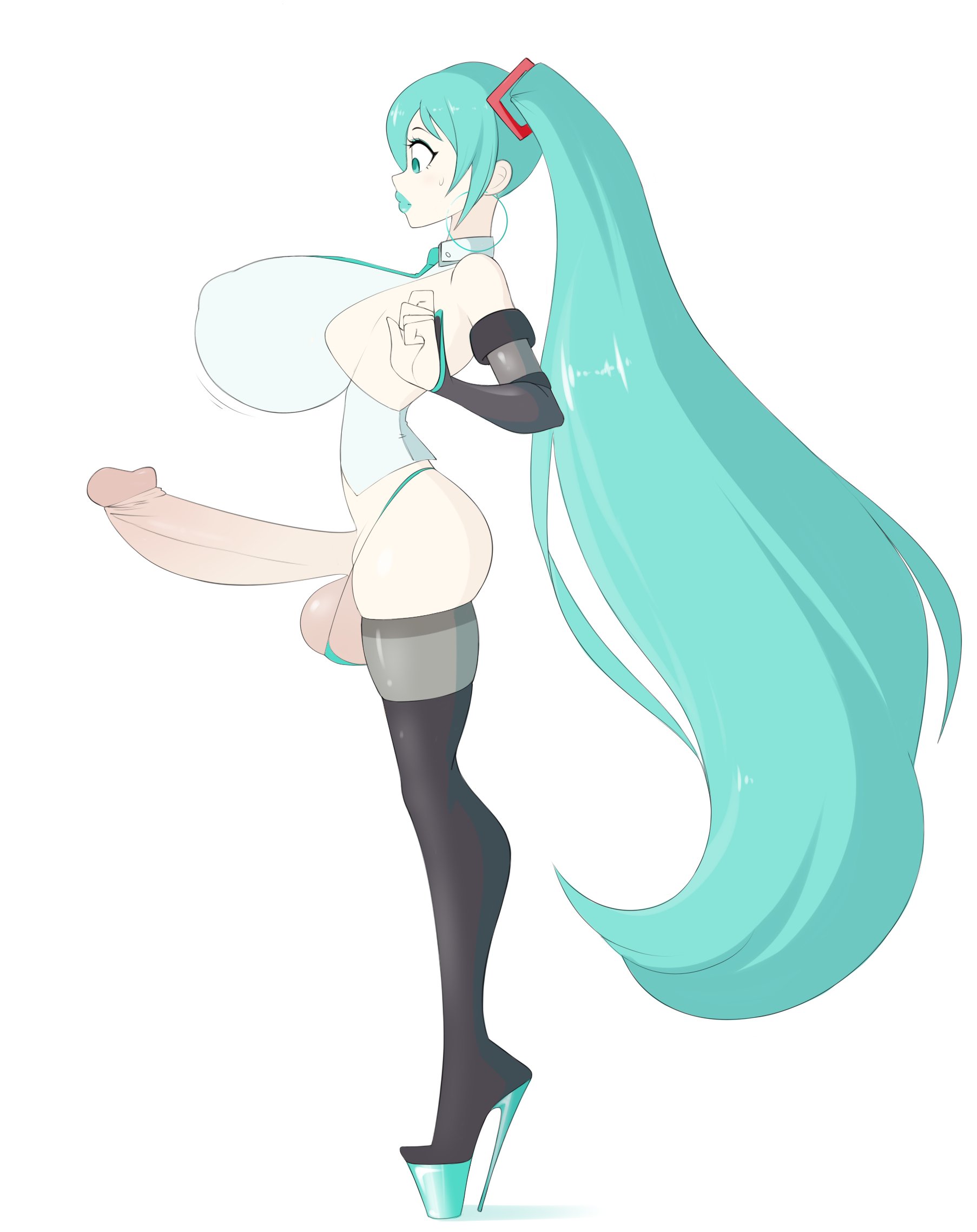 1futa, 1girl, 2022, aqua eyes, aqua hair, balls, big balls, bimbofication, blue eyes, blue hair, blue lipstick, boots, bottomless, breasts, clothed, clothing, covered nipples, detached sleeves, erection, futa only, futanari, hatsune miku, high heel boots, high heels, hoop earrings, hoop earrings oversized, huge balls, huge breasts, huge cock, huge penis, human, intersex, large breasts, large penis, large testicles, light skin, light-skinned futa, long hair, necktie, partially clothed, penis, penis out, platform heels, sealguy, side view, sideboob, simple background, solo, solo futa, standing, stiletto heels, testicles, thigh boots, thighhighs, twintails, uncensored, very high heels, very long hair, vocaloid, white background