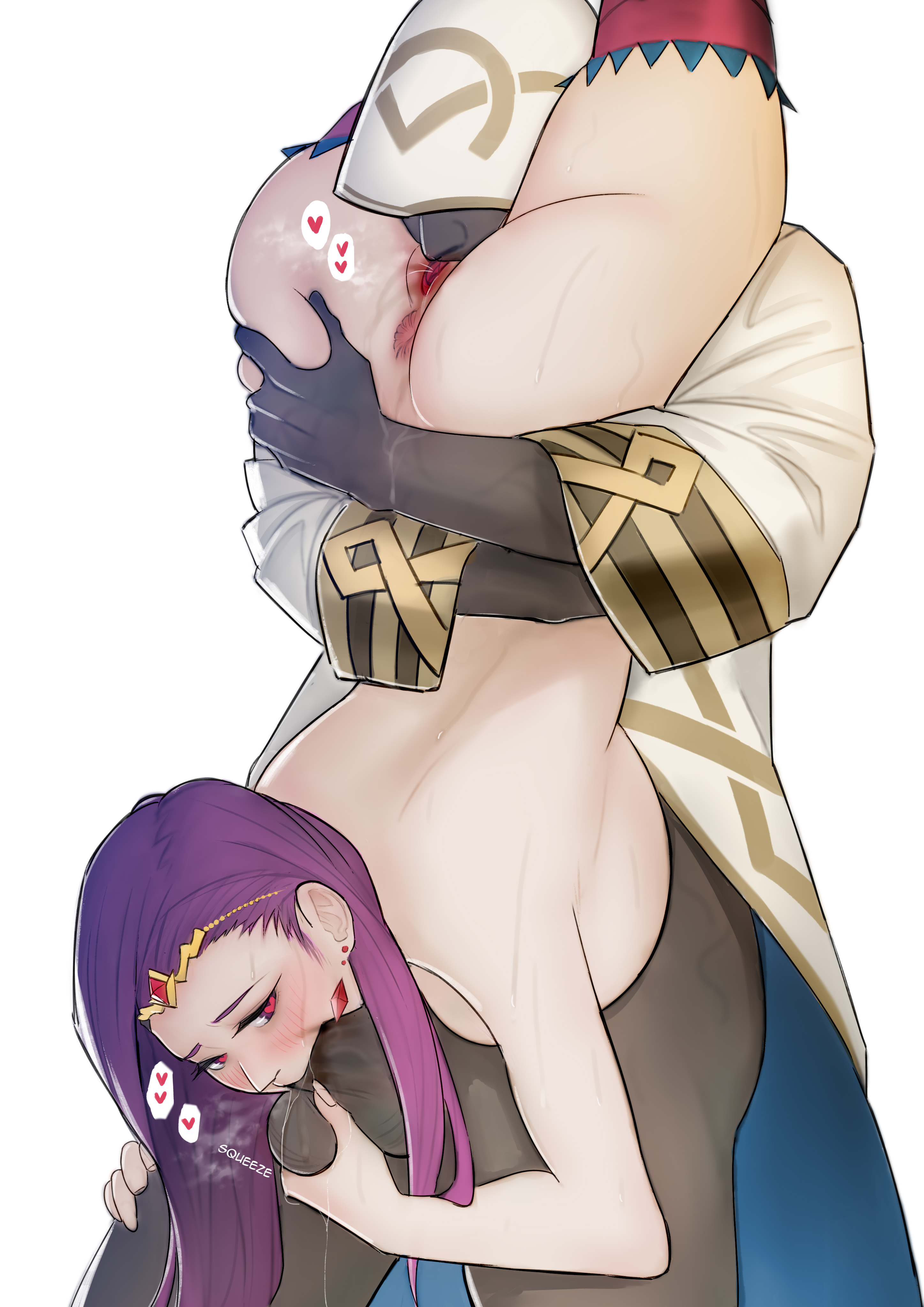 1boy, 1girls, alternate costume, anus, ass, ass grab, back, balls, balls fondling, bare back, bare thighs, big ass, breast press, breasts, cunnilingus, dark skin, dark-skinned male, earrings, fellatio, female, fire emblem, fire emblem echoes: shadows of valentia, fire emblem heroes, fondling, groping, heart-shaped pupils, heavy breathing, huge breasts, kiran (fire emblem), kiran (fire emblem) (male), kohakv, long hair, male, naked stockings, naked thighhighs, nintendo, nude, nude female, official alternate costume, oral, penis, purple eyes, purple hair, pussy, sex, sonya (fire emblem), sound effects, standing sex, steamy penis, steamy pussy, sweat, testicles, thighhighs, thighs, upside-down