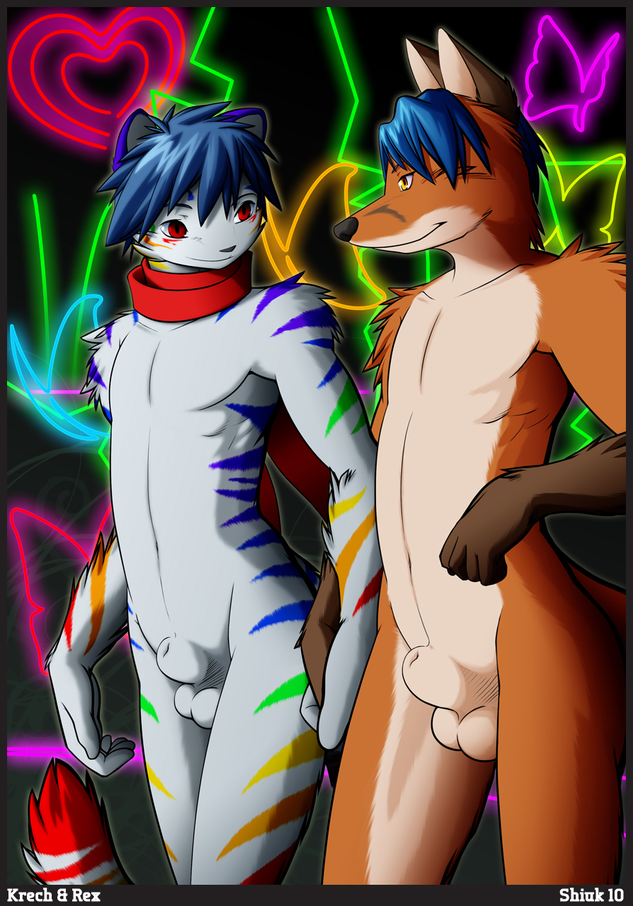 2010 anthro blue_hair butterfly canine duo eye_contact feline fox fur furry furry_only hair hand_holding heart interspecies looking_at_another male male_only mammal multicolored_stripes multiple_males neon_lights no_humans rainbow rainbow_stripes red_eyes sheath shiuk stripes tail uncensored white_fur yaoi yellow_eyes