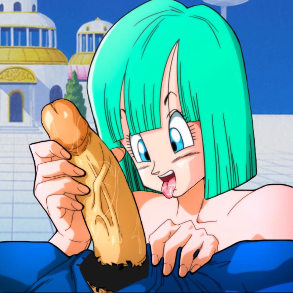 blue_eyes blue_hair bulma_briefs dragon_ball dragon_ball_z edit hands_on_penis hands_on_testicles mouth_watering open_mouth outdoors theonegoy tongue_out vegeta yamamoto_doujin