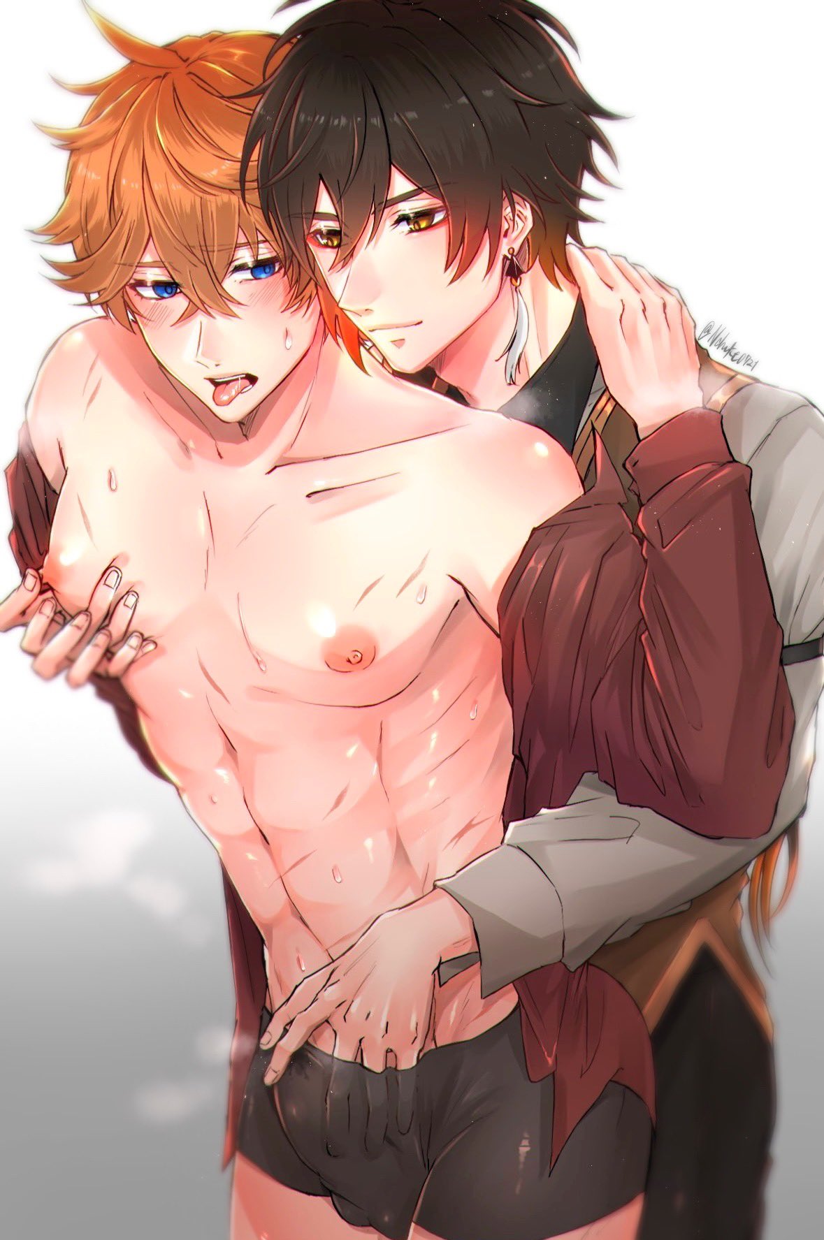 2boys abs boxers childe_(genshin_impact) duo genshin_impact male multiple_boys nchuke0721 nipples nipples_touching penis_touching shoulders tartaglia_(genshin_impact) tongue_out yaoi zhongli_(genshin_impact)