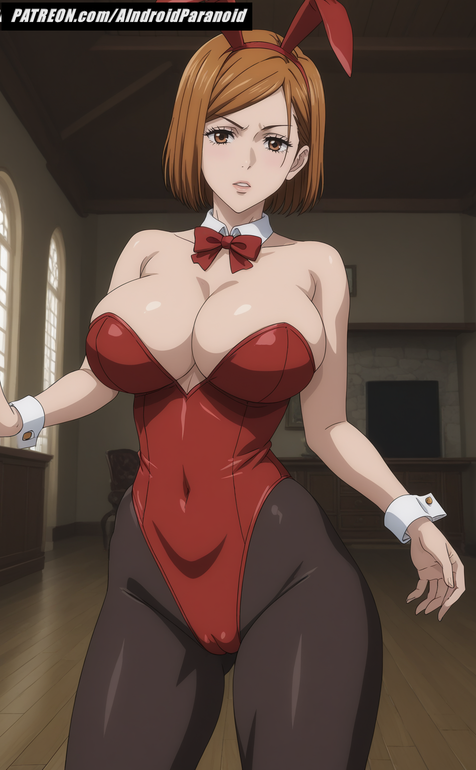 ai generated, aindroidparanoid, ass, big ass, big breasts, big butt, breasts, bunny ears, bunny girl, bunnysuit, cameltoe, cleavage, curvy, fat ass, female, female only, hips, huge ass, huge breasts, jujutsu kaisen, kugisaki nobara, large ass, large breasts, leotard, narrow waist, nipples, orange eyes, orange hair, pussy, short hair, slim, slim waist, stable diffusion, voluptuous, wide hips