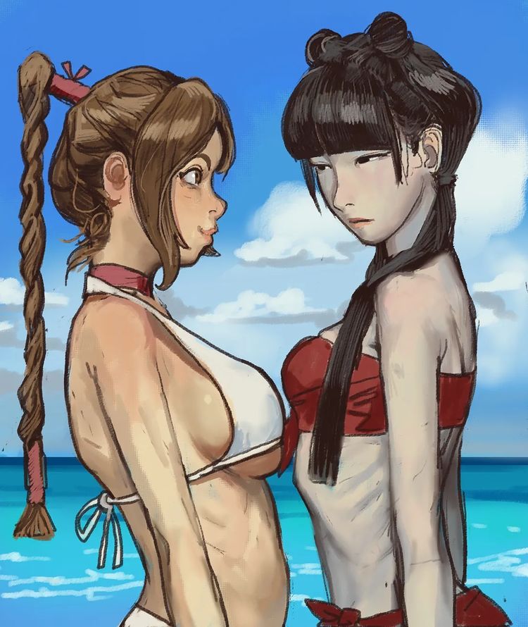 2girls asymmetrical_docking avatar_legends avatar_the_last_airbender awkward beach big_breasts bikini black_hair breast_size_difference breasts_to_breasts brown_hair eye_contact female female_only fire_nation friends leer long_hair looking_at_each_other mai_(avatar) mossa mossacannibalis nickelodeon nicktoons personal_space_invasion playful sideboob small_breasts smile standing teasing tied_bikini ty_lee underboob water