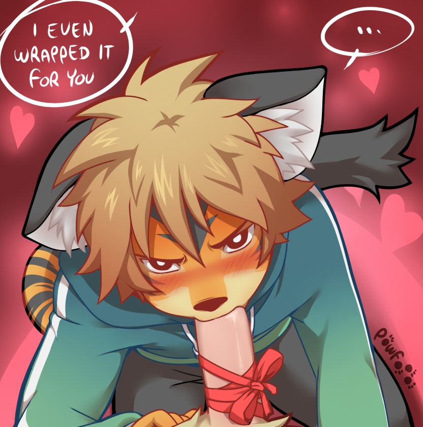 anthro blonde_hair blush bow couple feline fellatio fur furry gay green_eyes hair heart humanoid_penis male oral oral_sex penis pov powfooo ribbons sex stripes tay_(powfooo) tiger tiger_boy valentines_day