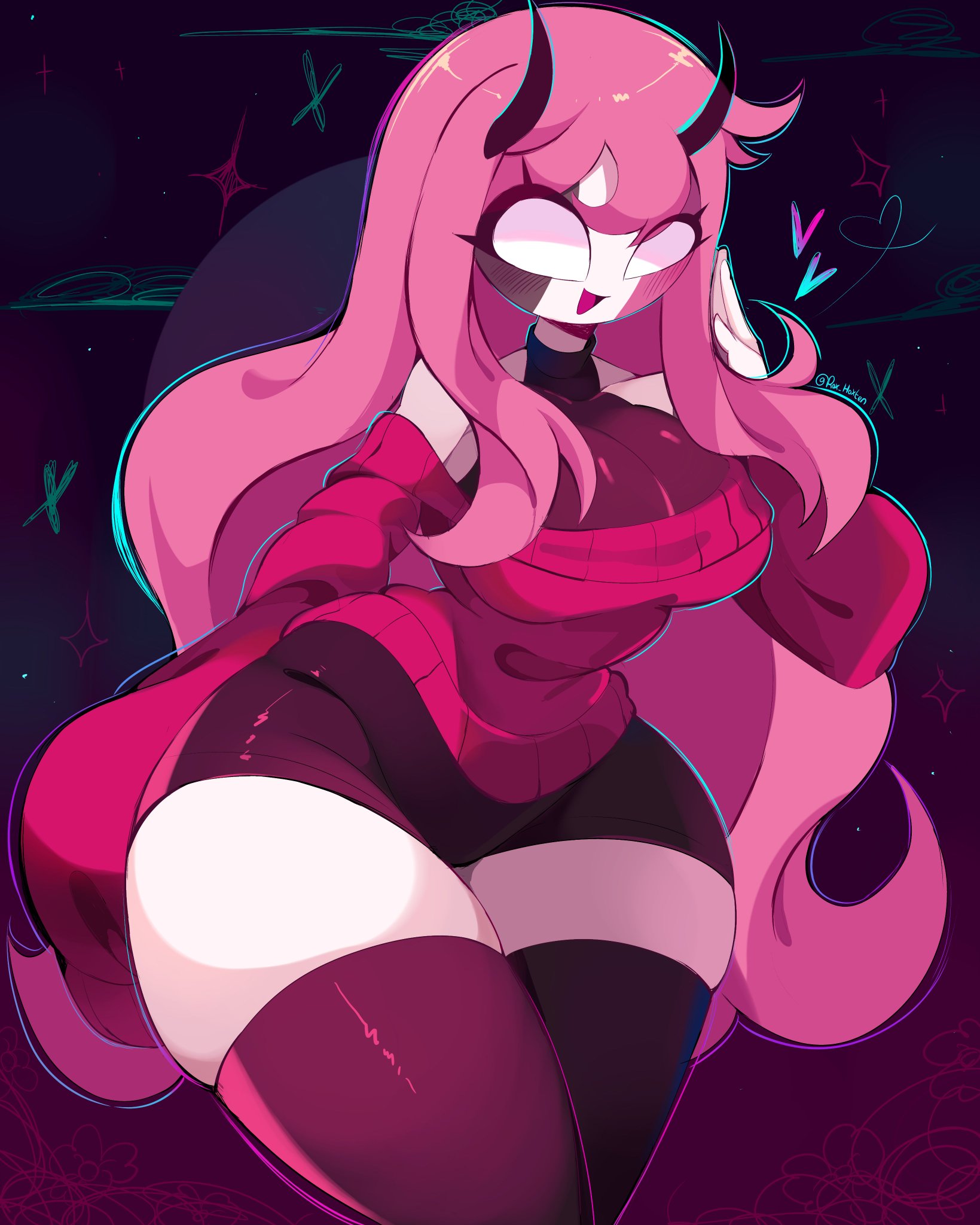 demon, demon horns, female, friday night funkin, friday night funkin mod, gazericc, huge thighs, long hair, pink hair, rox hoxten, sarvente (dokki.doodlez), shoulderless sweater, succubus, sweater, thick thighs, thighhighs, thighs