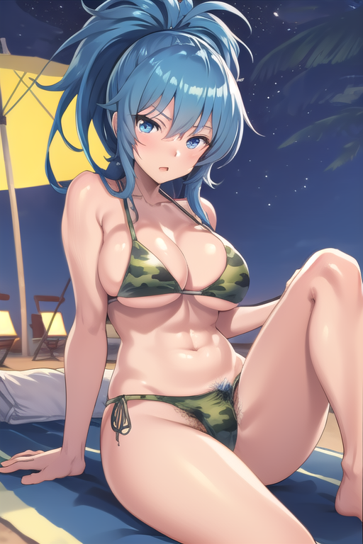 1girls ai_generated beach bikini blue_eyes blue_hair camouflage_bikini king_of_fighters leona_heidern looking_at_viewer tagme