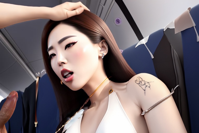 ai_generated asian_female before_blowjob before_fellatio chain choker fellatio flight_attendant head_grab imminent_oral interracial korean_female light_skinned_female pale_skinned_female partially_clothed penis_out stewardess tattooed_arm tattooed_female tricked_into_blowjob white_male_asian_female