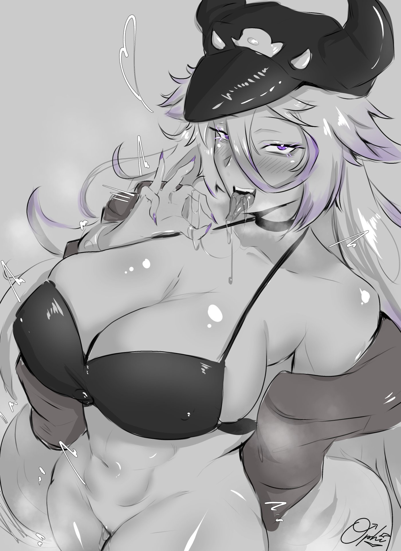 1girls, belly button, blush, bra, breasts, cap, cleavage, fellatio gesture, female, hand gesture, hat, heart-shaped pupils, huge breasts, indie virtual youtuber, inviting, nose blush, open mouth, ophimon, purple eyes, raya riot, seductive, solo, suggestive gesture, symbol-shaped pupils, tongue, tongue out, virtual youtuber, wolf girl