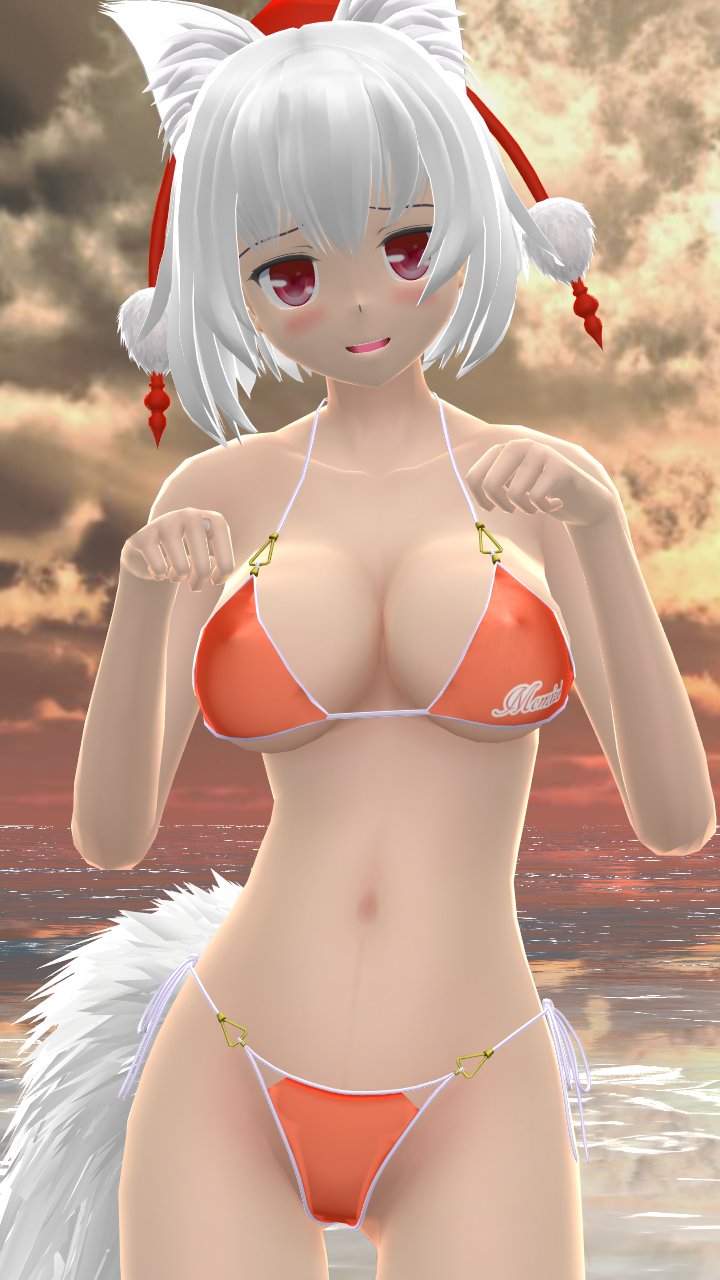 1girls 2023 3d beach belly_button bikini breasts canine_ears cleavage clouds hati_yukkuri_mmd headwear kemonomimi light-skinned_female looking_at_viewer mmd momiji_inubashiri orange_bikini outdoors red_eyes short_hair_female sky solo_female solo_focus sun sunset swimsuit tengu tokin_hat touhou waist water white_hair_female white_wolf