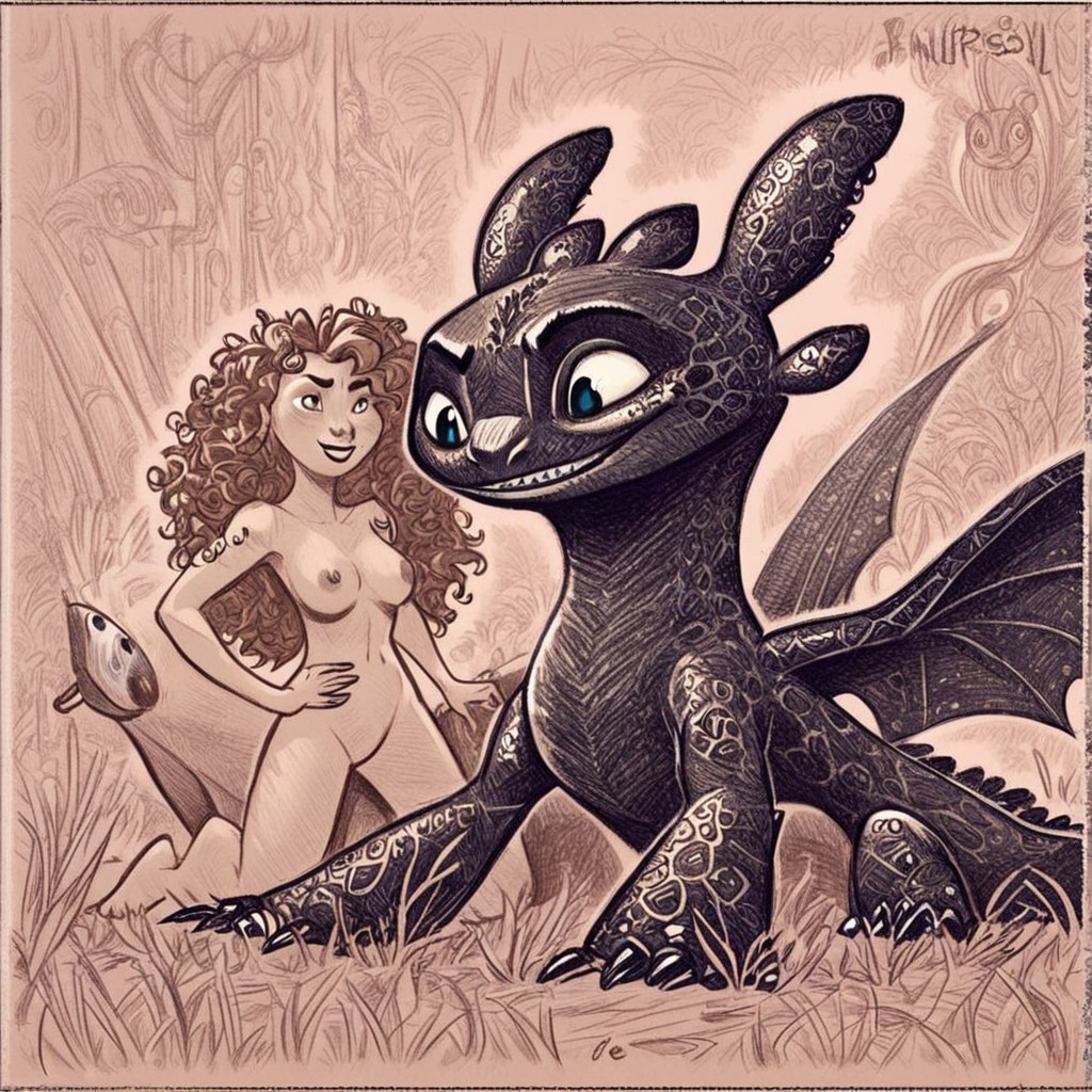 ai_generated brave crossover disney dragon merida naked night_fury red_hair toothless