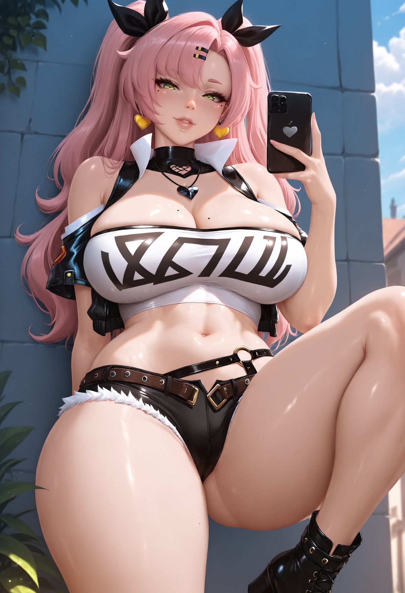 ai generated, breasts, cleavage, cunning hares, curvy, female, green eyes, holding phone, klausherbert, knee up, large breasts, nicole demara, outdoors, outside, pink hair, shorts, smiling, standing, thick thighs, zenless zone zero