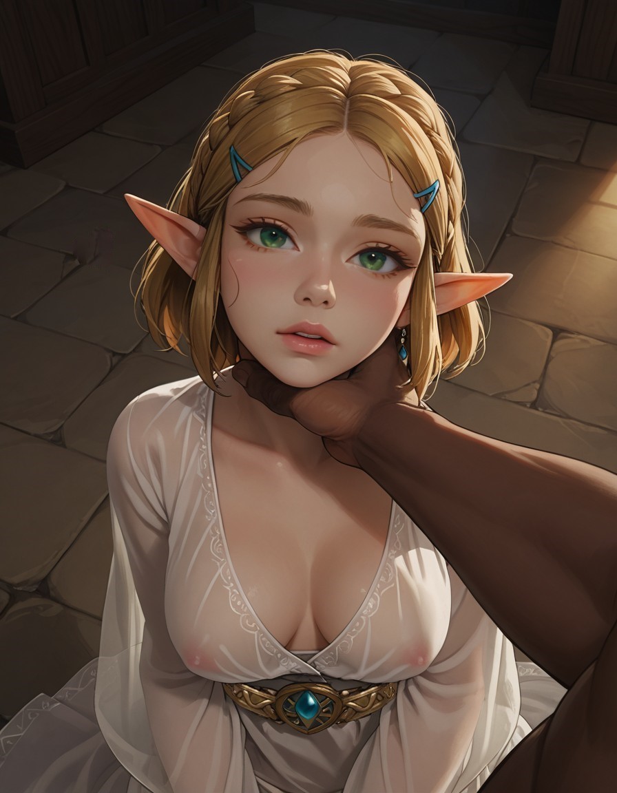 1boy 1girls ai_generated areolae areolae_visible_through_clothing bimbo blonde_hair breasts breasts_visible_through_clothing choking cute dark-skinned_male dominant_male elf elf_ears female first_person_view l-major light-skinned_female male male_pov medium_breasts nintendo nipples pointy_ears pov pov_male princess_zelda short_hair slave slavegirl small_breasts the_legend_of_zelda translucent_clothing