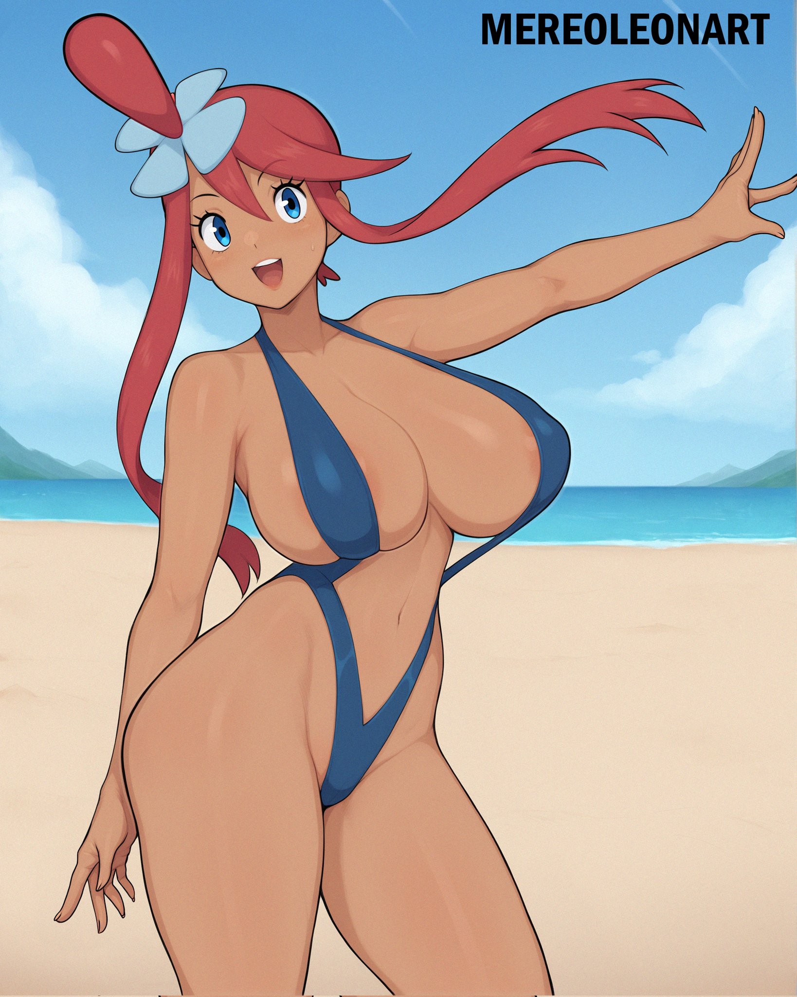 1girls, ai generated, areola slip, arm up, artist name, beach, blue eyes, breasts, cameltoe, cloud, cloudy sky, covered erect nipples, creatures (company), dot nose, female, female only, flower, game freak, gym leader, hair between eyes, hair flower, hair ornament, highres, human, jpeg, large breasts, latina, long hair, mereoleonart, navel, nintendo, open mouth, pokemon, pussy, red hair, sky, skyla (pokemon), slingshot swimsuit, smile, solo, spread legs, swimsuit, teeth, thighs, upper teeth, water, wide hips