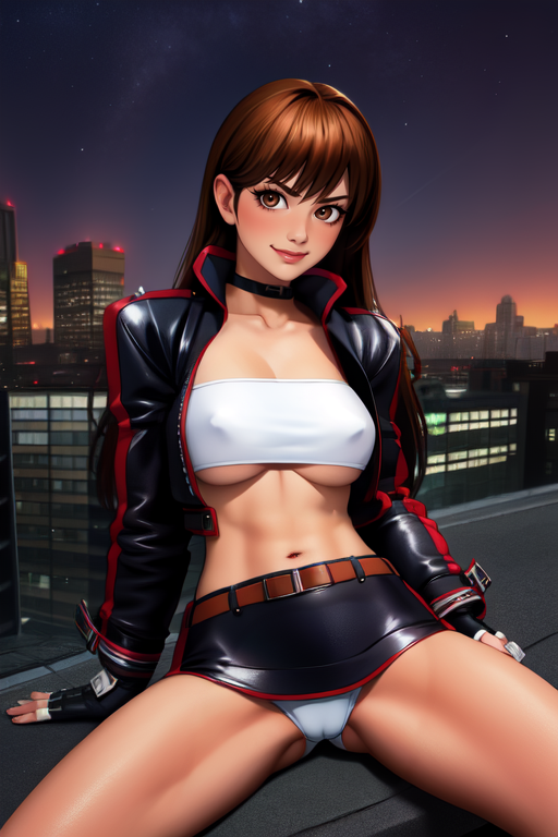 ai_generated bloody_roar breasts brown_hair female jacket kirishima_nagi large_breasts navel night nipples nipples_visible_through_clothing skirt smile spread_legs thighs