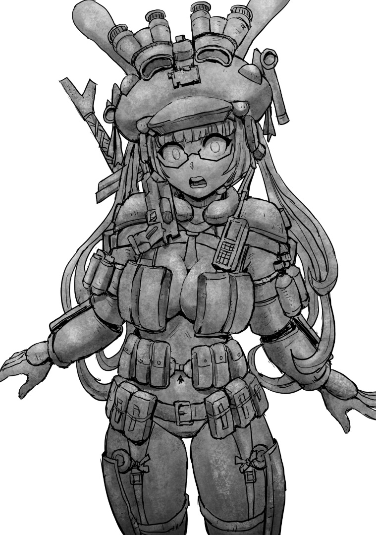 armor belt blush breasts cleavage cowboy_shot eyeglasses female_focus fingerless_gloves gloves greyscale hat helmet large_breasts long_hair looking_at_viewer lotusgun monochrome navel open_mouth petrification pouch scar simple_background solo statue stone_statue teeth torn_clothes weapon white_background wide-eyed