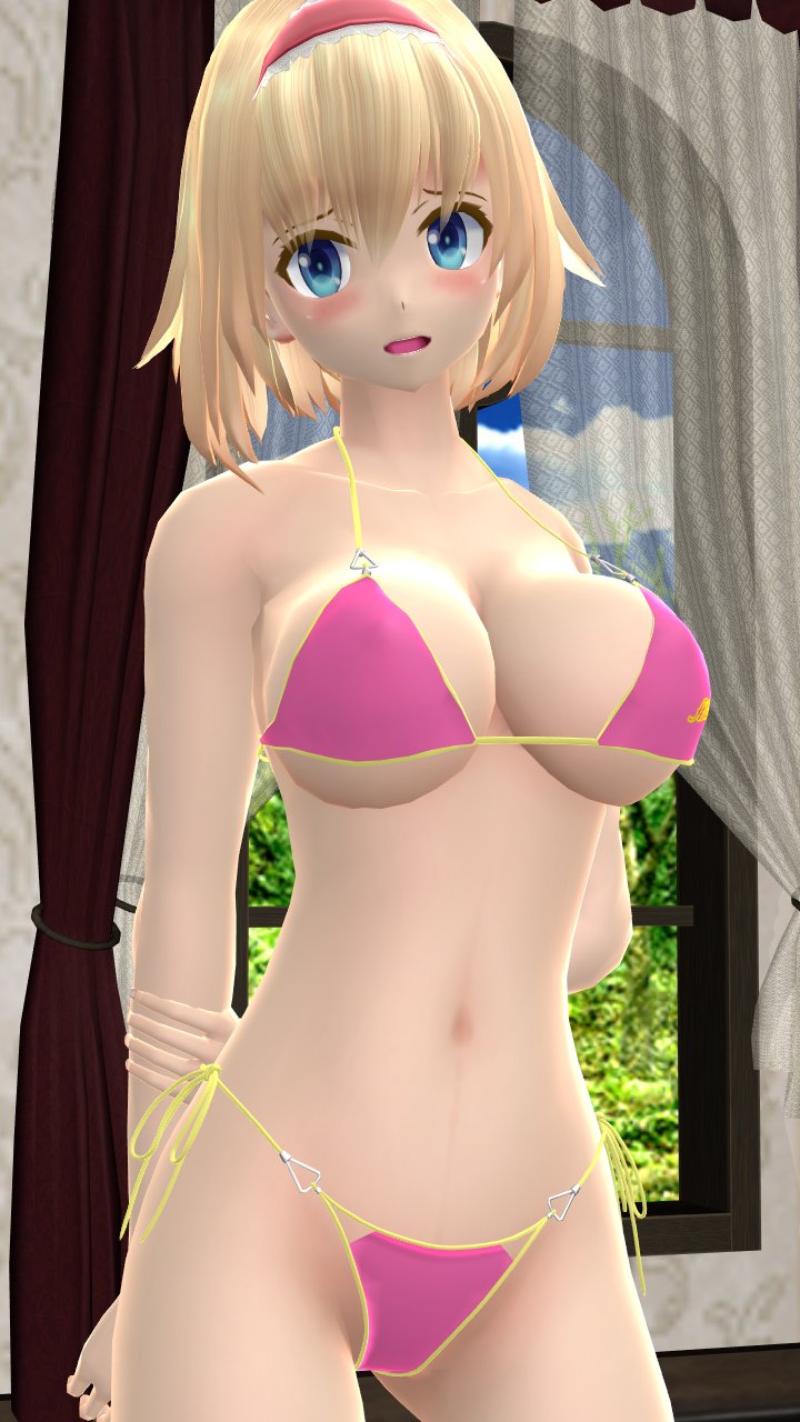 1girls 2023 3d adult_female alice_margatroid belly_button bikini blonde_hair_female blue_eyes blush breasts cleavage clouds curtains female female_only fully_clothed hati_yukkuri_mmd headband holding_arms_behind_back human indoors light-skinned_female looking_at_viewer mansion mmd one_arm_behind_back pink_bikini revealing_clothes short_hair_female sky solo_female solo_focus swimsuit touhou trees window