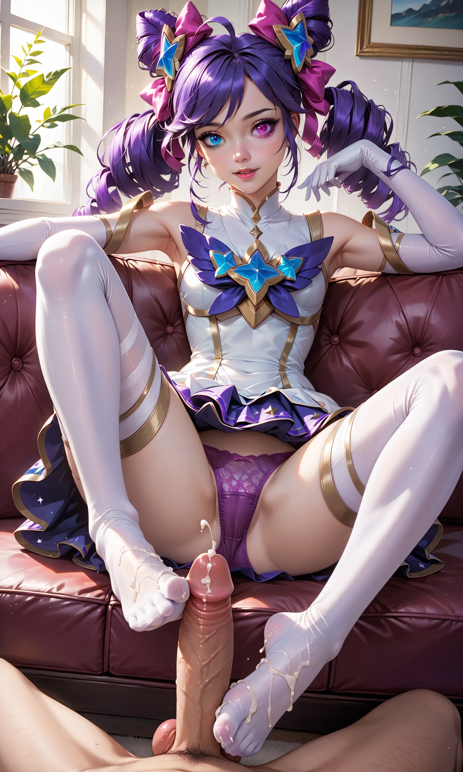 1boy, 1girls, ai generated, blue eyes, couch, cum, female, footjob, footjob with legwear, gwen (league of legends), heterochromia, league of legends, male, panties, pink eyes, purple hair, riot games, star guardian gwen, star guardian series, thighhighs