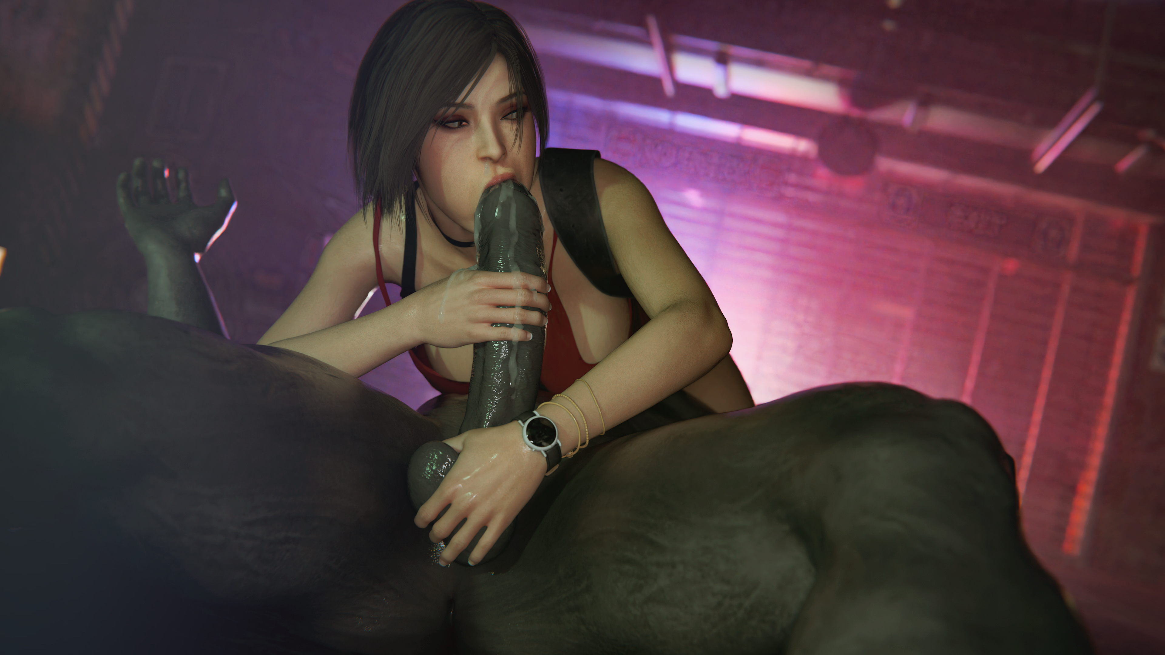 1boy, 1girls, 3d, ada wong, balls, biohazard, blowjob, capcom, cum, cum drip, cum in mouth, cupping balls, female, femdom, light skin, light-skinned female, male, mr x, oral, oral sex, penis, resident evil, resident evil 2, resident evil 2 remake, sucking penis, vulint