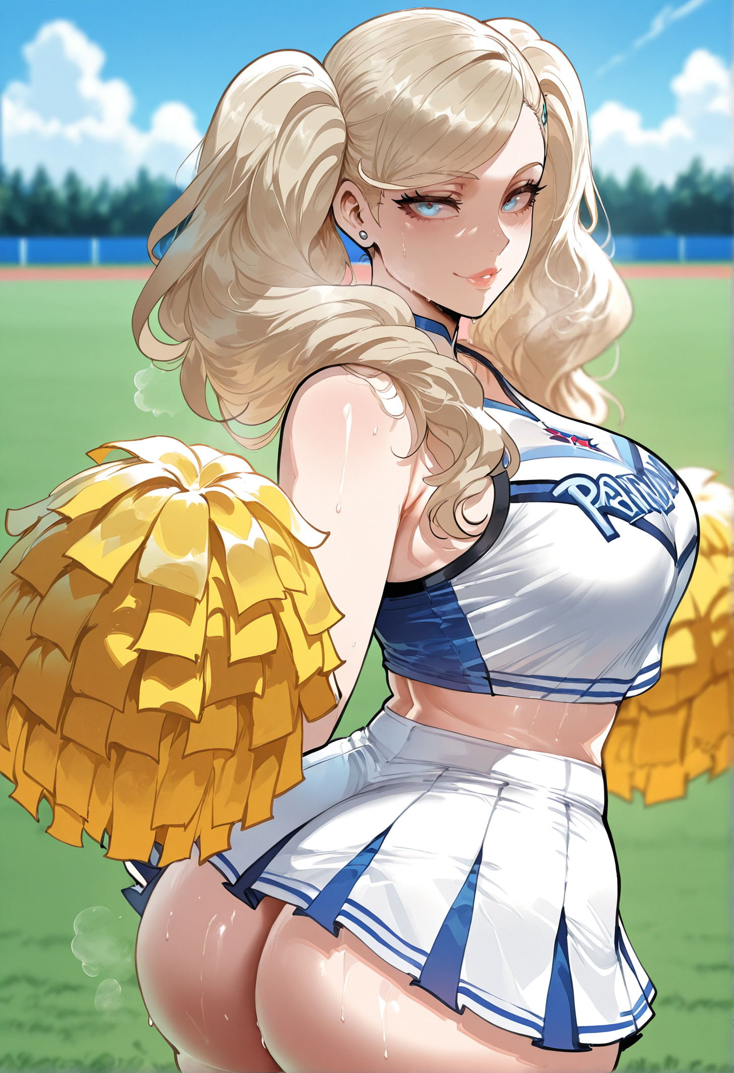 1girls, ai generated, alternate breast size, ann takamaki, ass, bangs, bare shoulders, blonde hair, blue eyes, blue sky, blush, breasts, cheerleader, choker, clothing, crop top, crop top overhang, curvaceous, curvaceous female, curvaceous figure, curvy, curvy figure, day, earrings, exhibitionism, female, female focus, female only, from behind, hair ornament, hairclip, holding, holding pom poms, huge ass, inviting, inviting to sex, jewelry, large breasts, lipgloss, lips, long hair, looking at viewer, looking back, midriff, miniskirt, miyuai, outdoors, parted lips, persona, persona 5, pleated skirt, pom pom (cheerleading), presenting, presenting ass, presenting hindquarters, presenting self, seductive, seductive look, seductive smile, skirt, sky, sleeveless, smile, solo, steaming body, sweat, thick thighs, thighs, tree, twintails, voluptuous, voluptuous female, white skirt