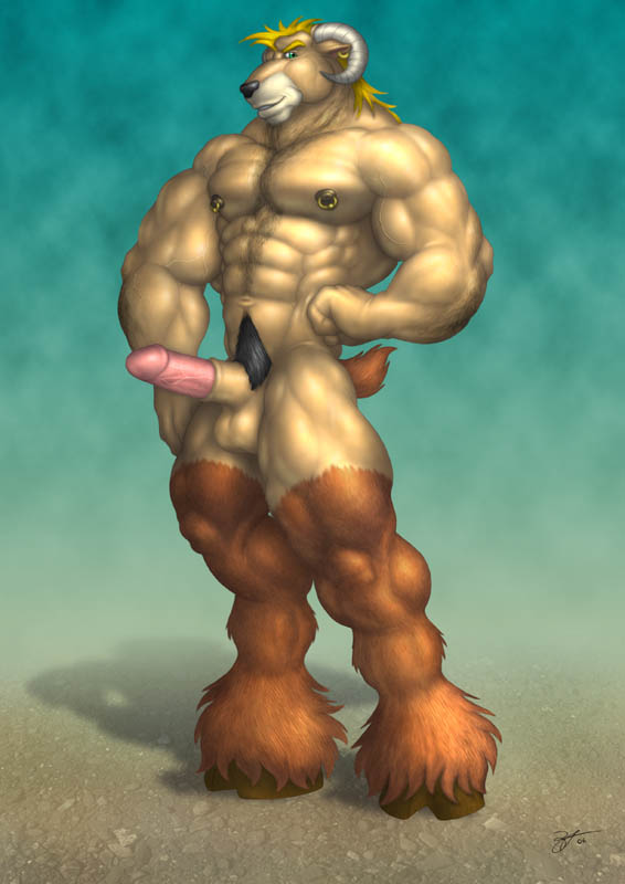 2006 anthro blonde_hair braford furry goat hair hooves horns male male_only muscles nipple_piercing nipples nude penis piercing ram sheath solo