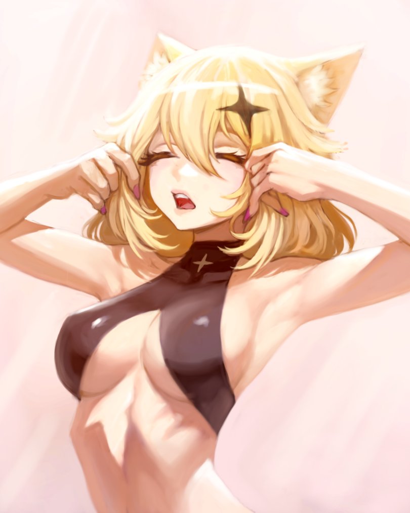 1girls animal_ears armpits blonde_hair breasts cat_ears closed_eyes female female_only huge_breasts kaneko_lumi light-skinned_female light_skin nipple_bulge open_mouth phase_connect phase_invaders solo teonanix virtual_youtuber