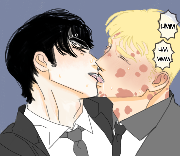 2boys 2males black_bodysuit black_hair blonde_hair blue_eyes blush brands bushy_eyebrows closed_eyes clothed comic dark_circles deadpool dialogue digital_media_(artwork) duo erection eyebrow_piercing eyebrows_visible_through_hair eyelashes first_post_of_artist gay hey_its_kamo kissing korean korean_male light_skin lips male male_only masturbation matching_outfit medium_hair muscular oc open_mouth piercing pose reference_image saliva scars sebastián_parker_oc sex short_hair smile spider-man suit sweat teeth tie tongue tongue_out wade_wilson white_body yaoi young