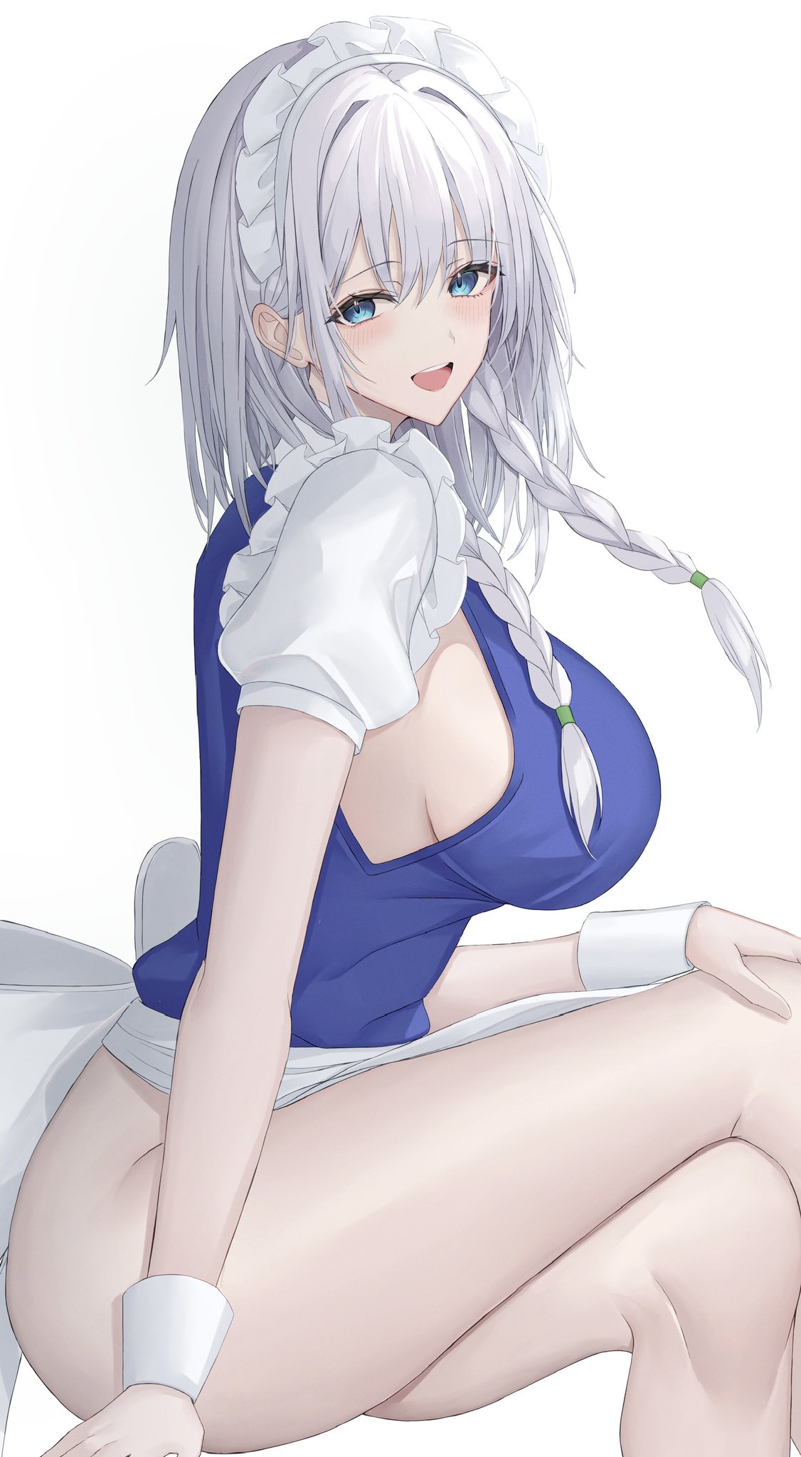 1girls 7saki ass big_breasts blue_eyes bottomless breasts clothed_female grey_hair light-skinned_female maid sakuya_izayoi silver_hair solo solo_female thick_thighs thighs touhou white_background