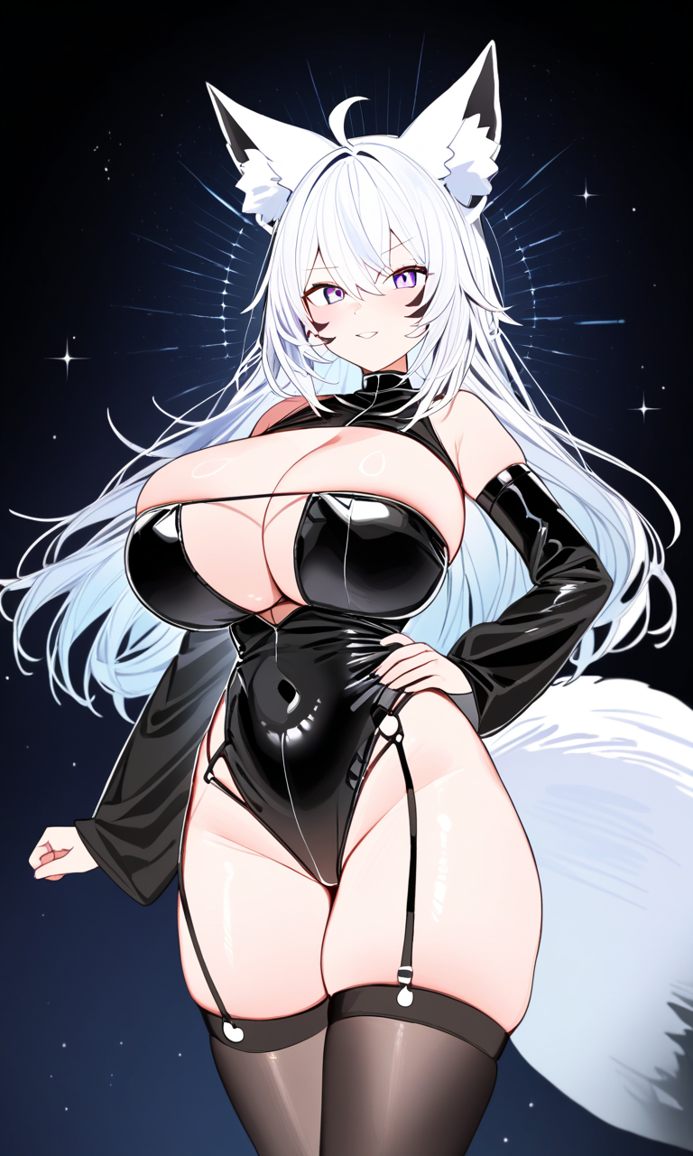 arm_sleeves big_breasts blue body breasts eyes, fox_ears fox_girl fox_tail gentle_lighting, hips latex lewdtuber milf milk_cannons mysticlight real_art stars straps suit thick_thighs thighhighs thighs virtual_youtuber vtuber white_hair