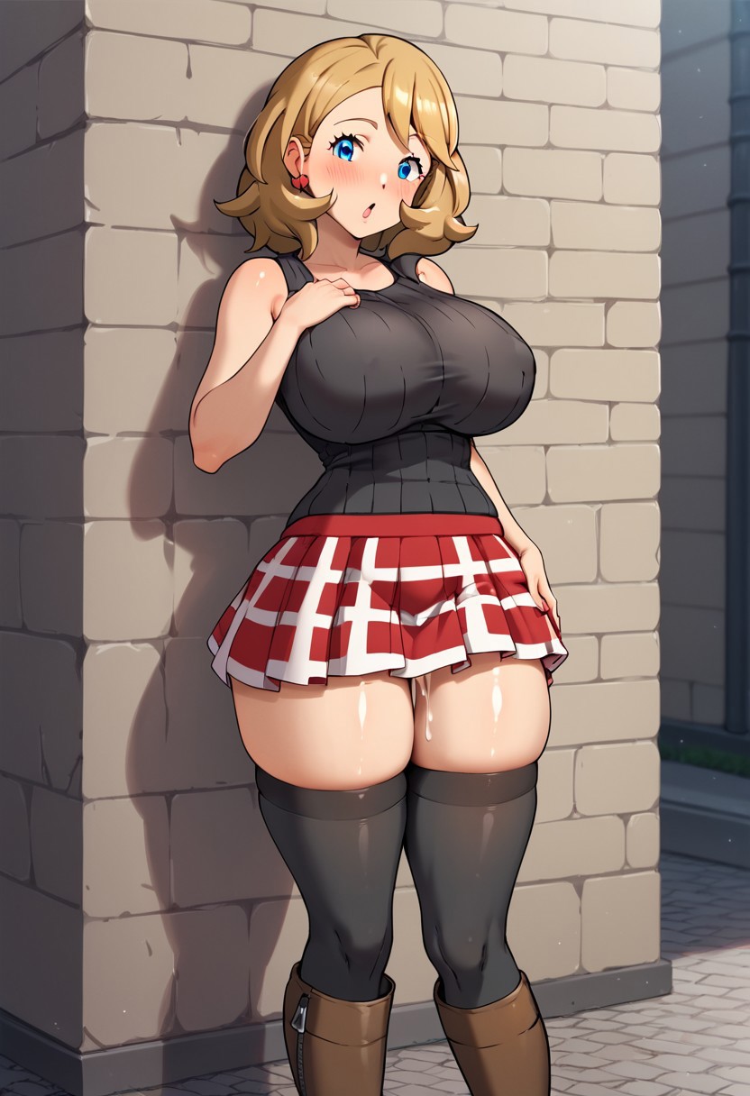 ai_generated blonde_hair bubble_butt dripping_cum eclr huge_ass huge_breasts lifting_skirt nintendo no_panties pokemon pokemon_journeys pussy serena_(pokemon) short_hair short_skirt sideboob thick_thighs thighhighs thin_waist