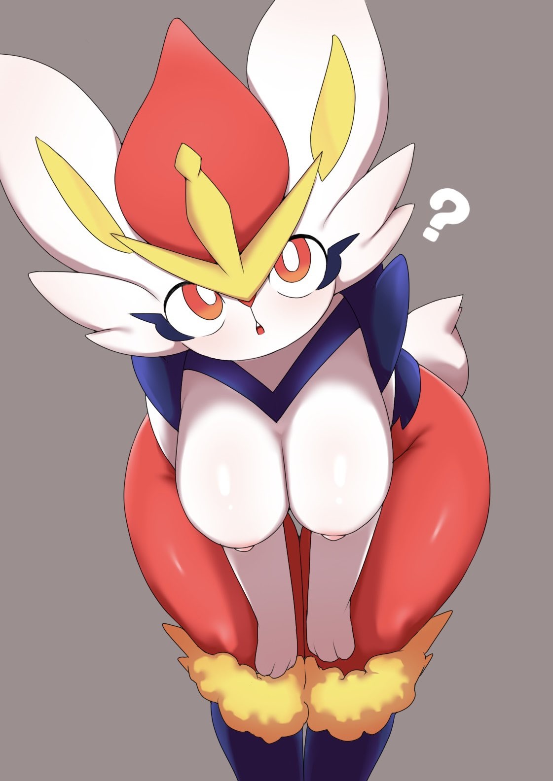 anthro, bent over, big breasts, blush, breasts, cinderace, eyelashes, female, fur, generation 8 pokemon, glistening, glistening body, grey background, hi res, jpeg, leaning, leaning forward, looking at viewer, nintendo, nipples, open mouth, pink nipples, pokemon, pokemon (species), question mark, red body, red eyes, red fur, red nose, sarumoji, scut tail, short tail, simple background, solo, tail, thick thighs, thigh gap, white body, white fur, wide hips