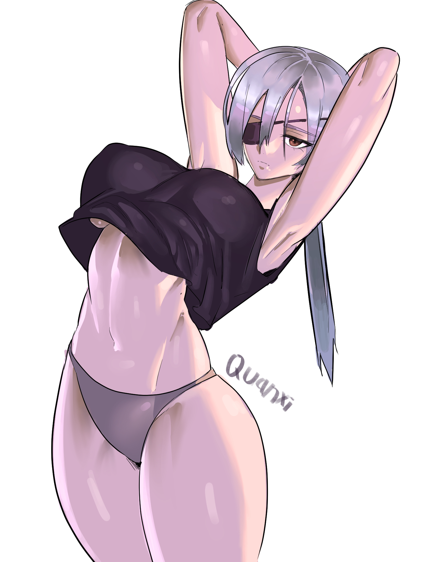 1girls, abs, armpit, armpits, arms up, belly, belly button, big breasts, breasts, brown eyes, chainsaw man, eye patch, female, female only, fit, fit female, gamjasssak, grey hair, hips, huge breasts, large breasts, milf, missing eye, nipple bulge, one eye obstructed, panties, ponytail, quanxi (chainsaw man), shiny skin, shirt, shounen jump, silver hair, thick, thick thighs, thighs, thin, thin waist, tummy, white background, white hair