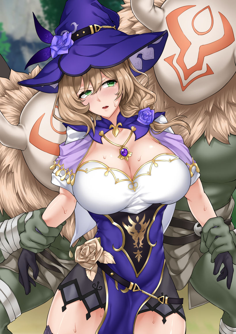 1girls, 2boys, arm grab, big breasts, breasts, brown hair, cleavage, clothed, defeated, defeated heroine, female, female focus, genshin impact, green eyes, hair ornament, hilichurls (species), hoyoverse, imminent rape, light skin, light-skinned female, lisa (genshin impact), long hair, male, mihoyo, monster, multiple boys, multiple males, okasira (okasira4545/superkurounmo), open mouth, restrained, side ponytail, sweat
