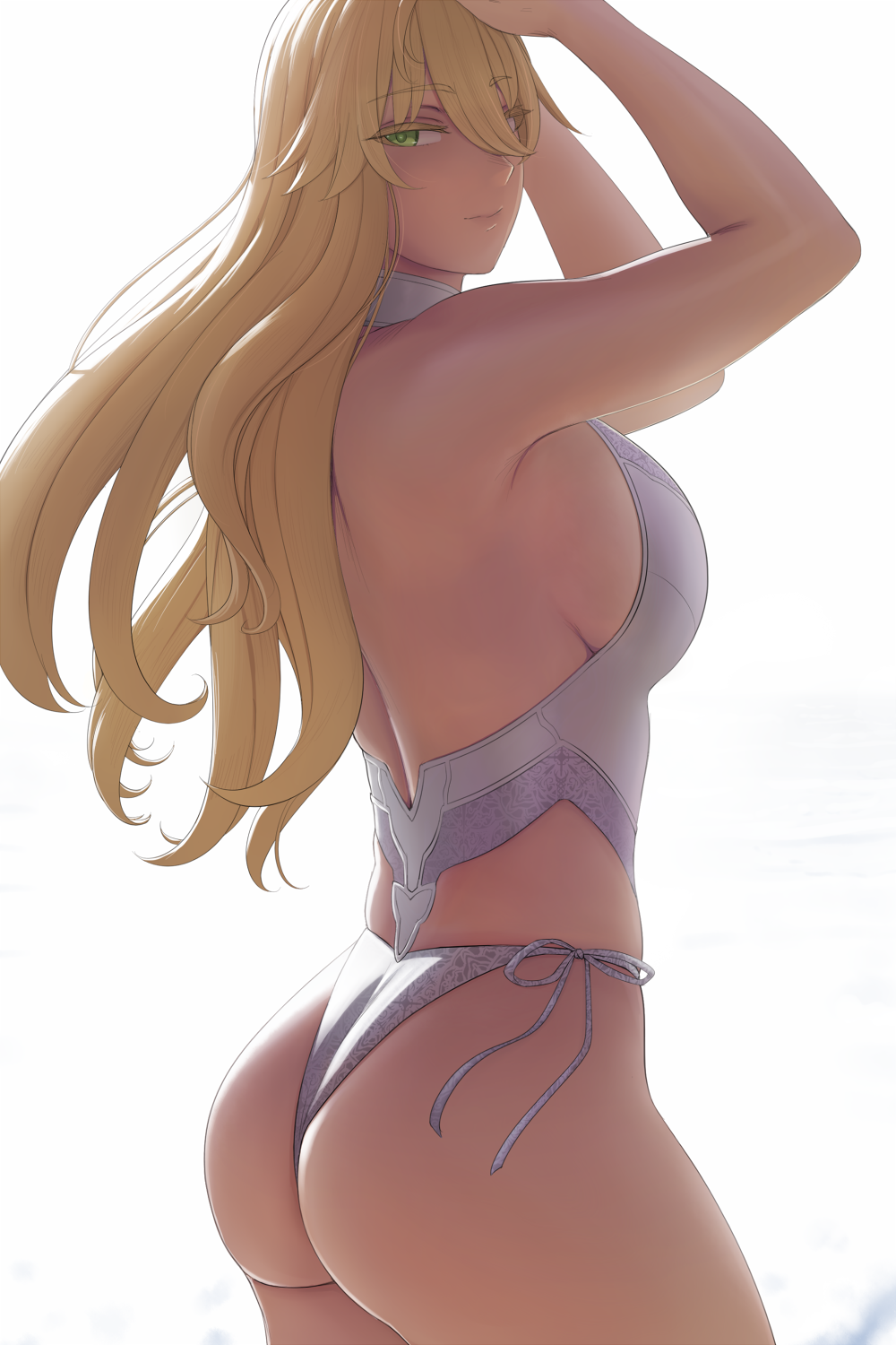 1girls artoria_pendragon artoria_pendragon_(fate) artoria_pendragon_(lancer) artoria_pendragon_(lancer)_(fate) artoria_pendragon_(swimsuit_ruler)_(second_ascension)_(fate) ass backless_outfit bangs bare_arms bare_shoulders blonde_hair breasts fate/grand_order fate_(series) female female_only from_behind green_eyes highres large_breasts long_hair looking_at_viewer looking_back lvl_(sentrythe2310) simple_background smile solo white_background