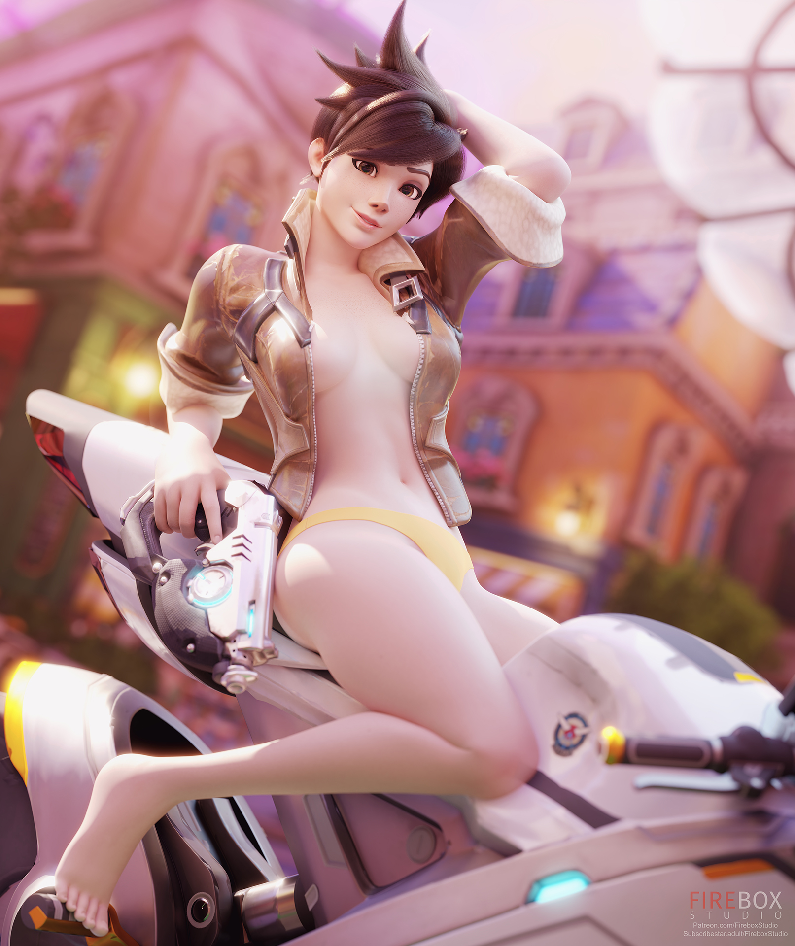 1girls, 3d, bike, blizzard entertainment, breasts, breasts out, brown hair, clothed, clothing, female, female focus, female only, fireboxstudio, highres, jacket, lena oxton, light skin, light-skinned female, looking at viewer, medium breasts, motorcycle, on motorcycle, overwatch, panties, partially clothed, pin up, pose, posing, solo, tracer, underwear, watermark