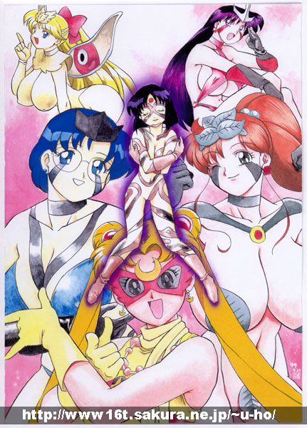 1990s 1999 20th_century 6girls ami_mizuno artist_name aura bare_shoulders bishoujo_senshi_sailor_moon black_hair blonde_hair blue_eyes blue_hair body_markings bodysuit boots bow breasts brown_hair cleavage closed_eyes clothing copyright_request covering covering_breasts crescent crescent_earrings crescent_moon crossed_arms crossover dated double_bun earrings elbow_gloves eye_mask facial_mark facial_markings female female_only forehead_mark full_body glasses gloves green_eyes hair_ornament hair_ribbon hosaka_yuuichi hotaru_tomoe huge_breasts index_finger_raised jewelry knees_together_feet_apart large_breasts leaf leaf_clothing leaning_forward long_hair long_twintails looking_at_viewer makoto_kino mask matching_hair/eyes medium_breasts minako_aino multiple_girls navel nude one_eye_closed open_mouth pink_background pointing ponytail pose purple_eyes purple_hair pussy rei_hino revealing_clothes ribbon sailor_jupiter sailor_mars sailor_mercury sailor_moon sailor_saturn sailor_venus short_hair sideboob signature skin_tight smile standing teeth tiara tied_hair tight_clothing tongue twintails underboob url usagi_tsukino very_long_hair watermark white_border wings wink yellow_gloves